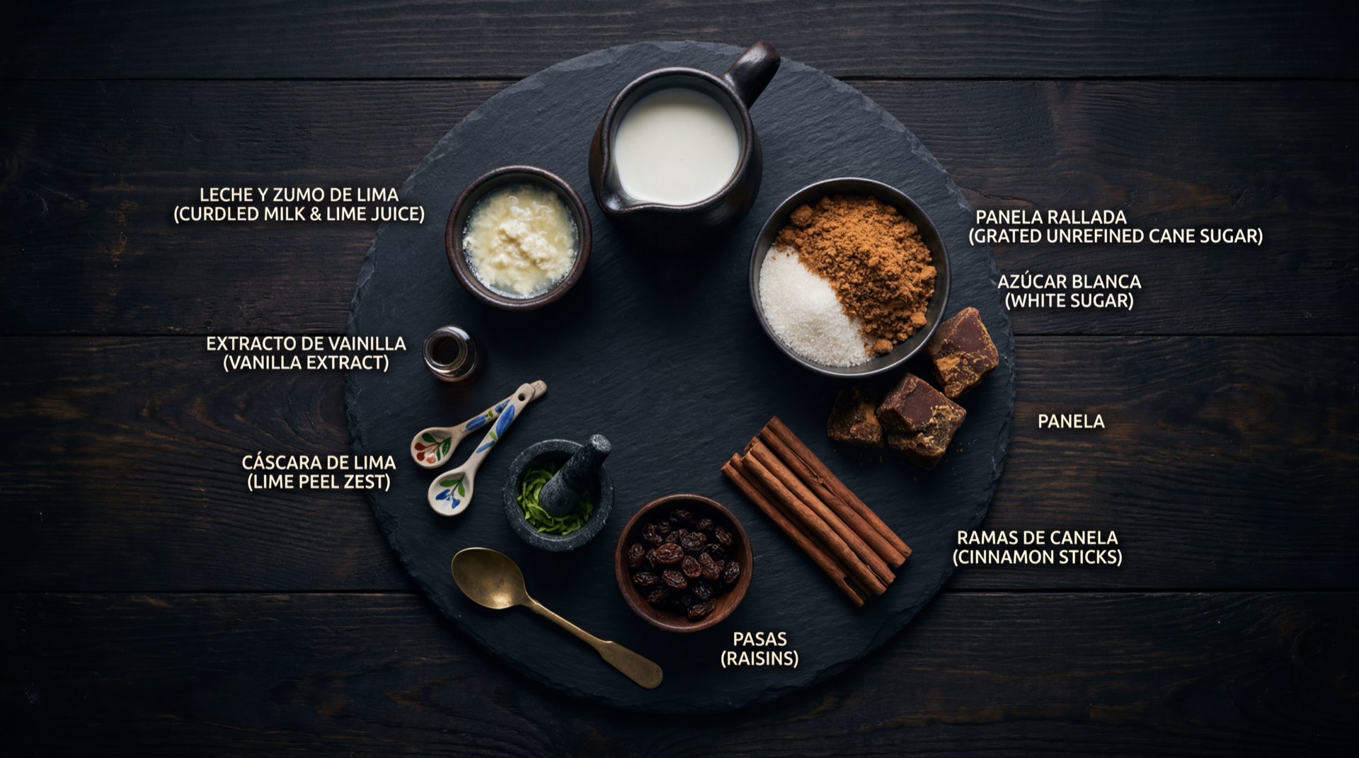 Ingredientes del cortado de leche: leche entera fresca de vaca en jarra, azucar blanca, limon verde fresco cortado y esencia de vainilla