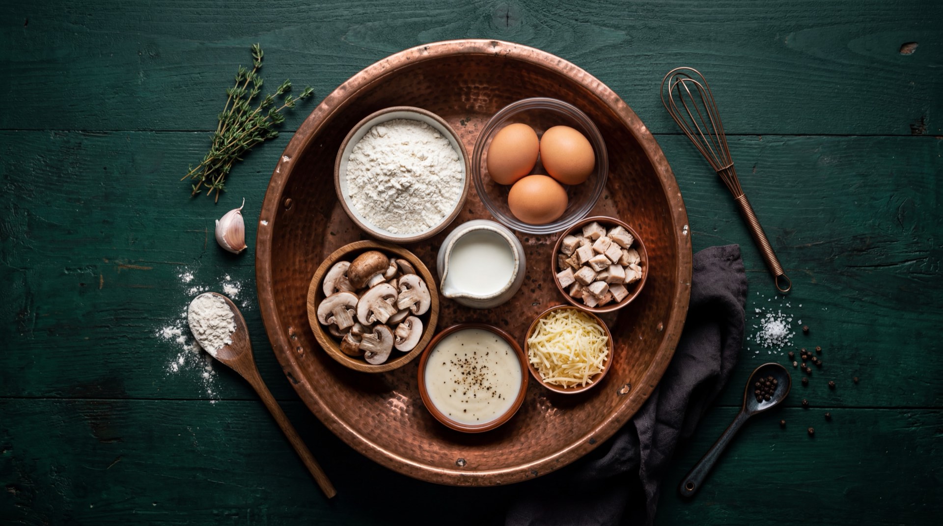 Ingredientes del crepe estilo Crepes & Waffles: harina de trigo para todo uso, huevos frescos, leche entera, mantequilla sin sal, pechuga de pollo desmenuzada, champinones blancos frescos, queso mozzarella rallado y salsa bechamel cremosa