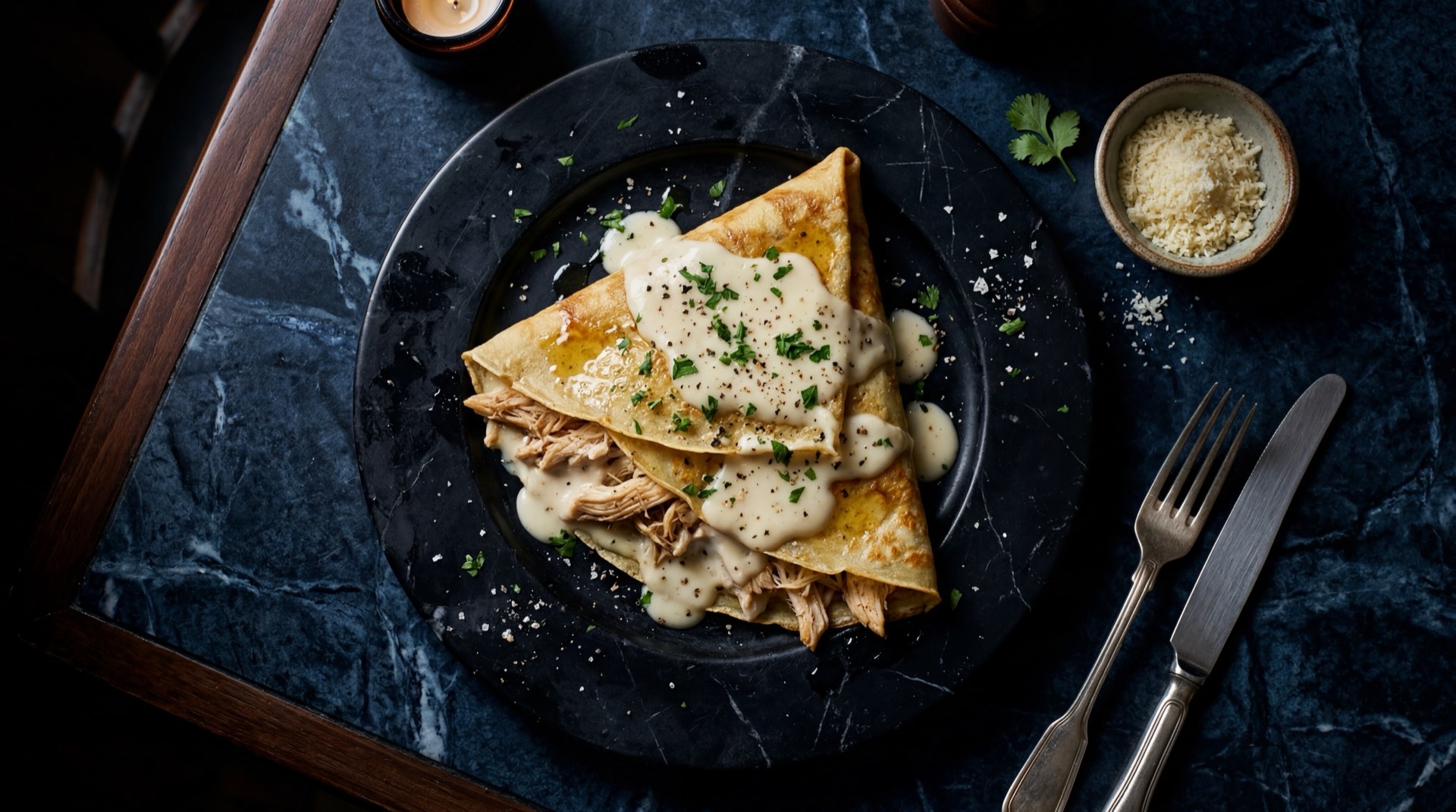 Crepe clasico de Crepes & Waffles relleno de pollo con champinones en salsa bechamel sobre plato de porcelana oscura