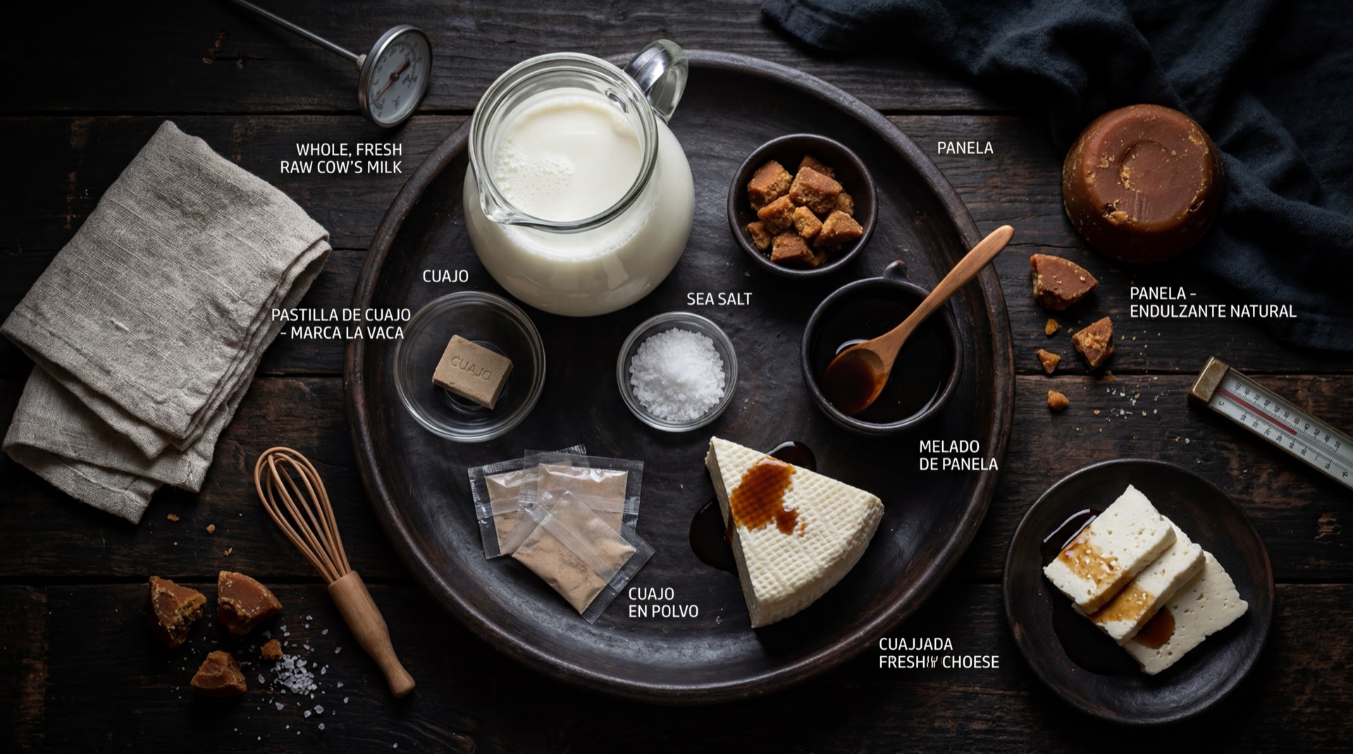 Ingredientes de la cuajada colombiana: leche de vaca entera fresca en jarra de vidrio, cuajo natural liquido, sal fina, panela redonda entera, rama de canela entera y clavos de olor enteros