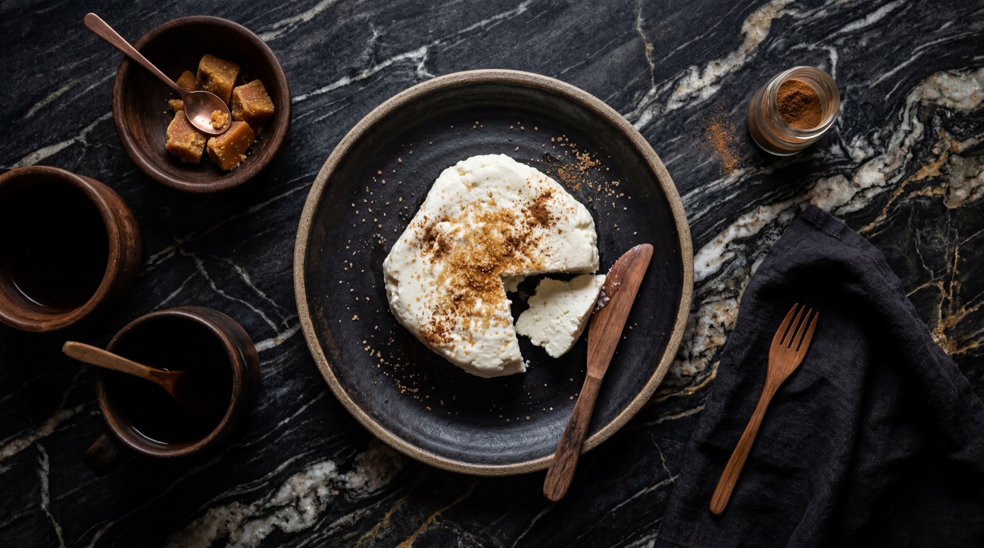 Cuajada colombiana fresca en trozos blancos sobre cazuela de terracota oscura en mesa de madera de nogal oscuro