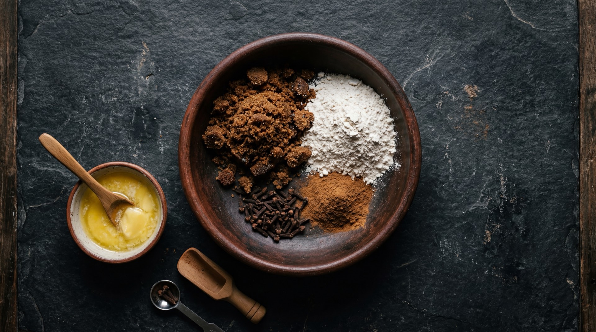 Ingredientes para cucas colombianas: harina de trigo integral, panela rallada oscura, mantequilla sin sal, canela en rama, clavos de olor enteros, jengibre seco en polvo, melaza de cana pura y huevo