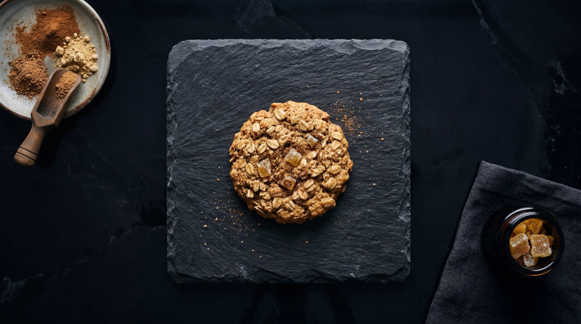 Version saludable de cucas caseras: galletas de harina integral con panela organica rallada, avena en hojuelas y especias naturales sobre mesa oscura