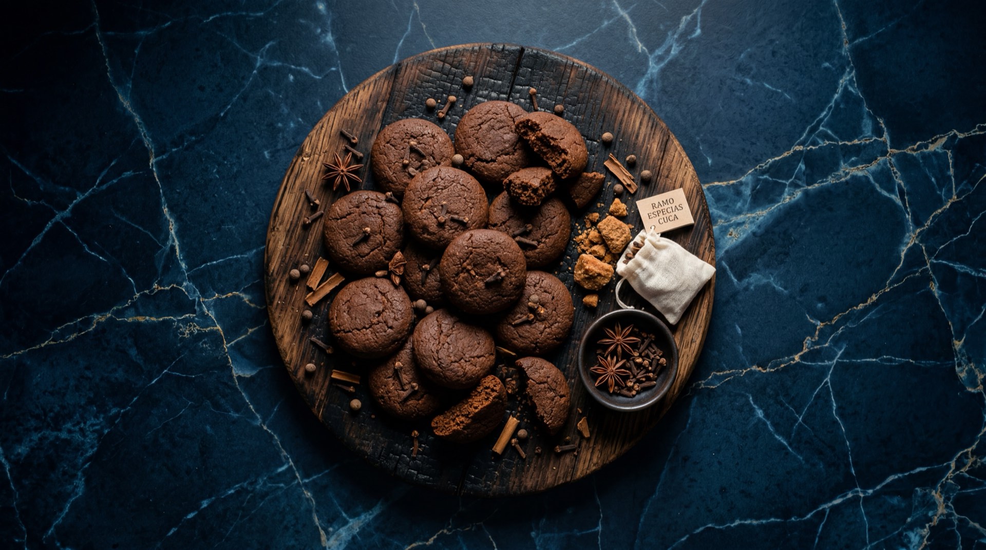 Cucas de Ramo, galletas oscuras de melaza y panela con especias sobre mesa de marmol negro