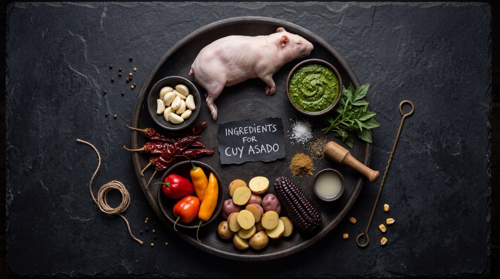 Ingredientes del cuy asado narinense: cuy entero fresco limpio, ajo fresco machacado, comino molido, cebolla larga fresca, sal gruesa, pimienta negra molida y aceite de achiote