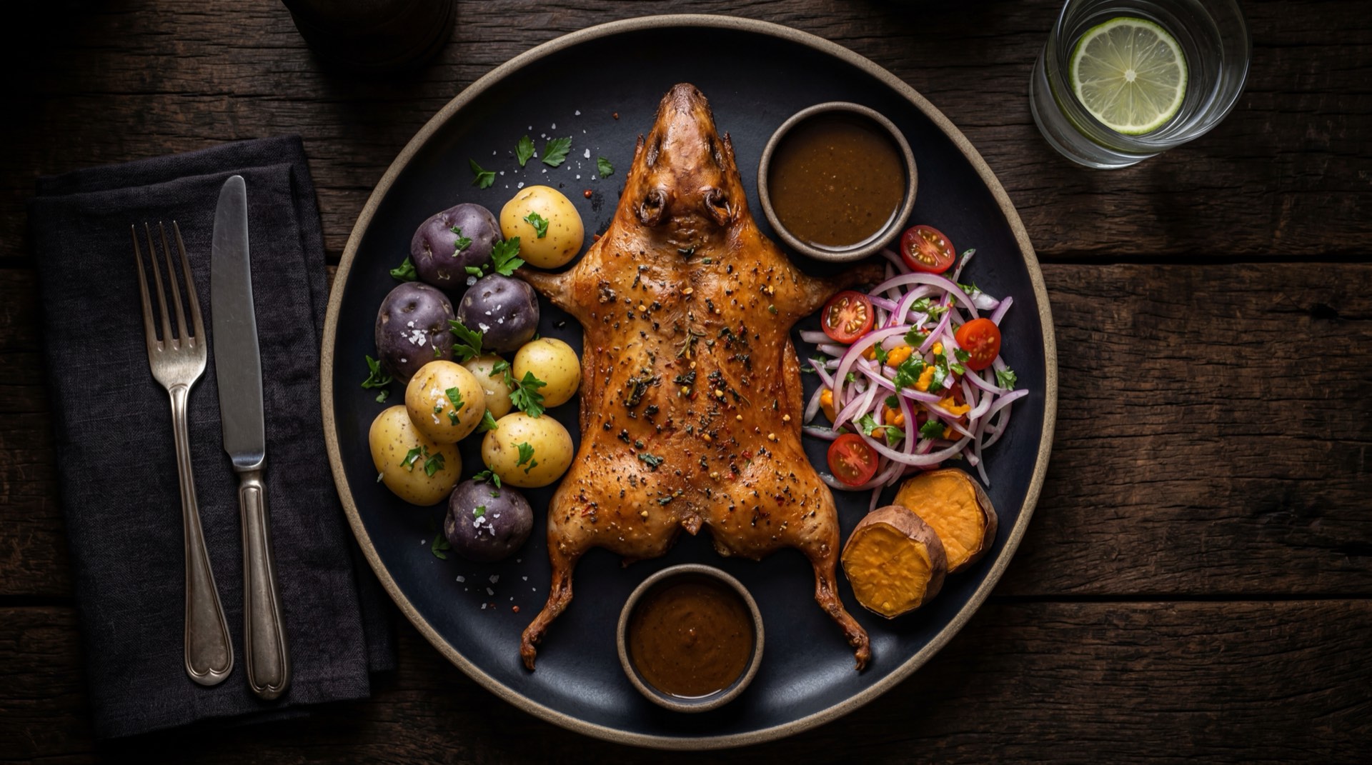 Cuy asado saludable version al horno sin piel con ensalada verde fresca y papa criolla cocida