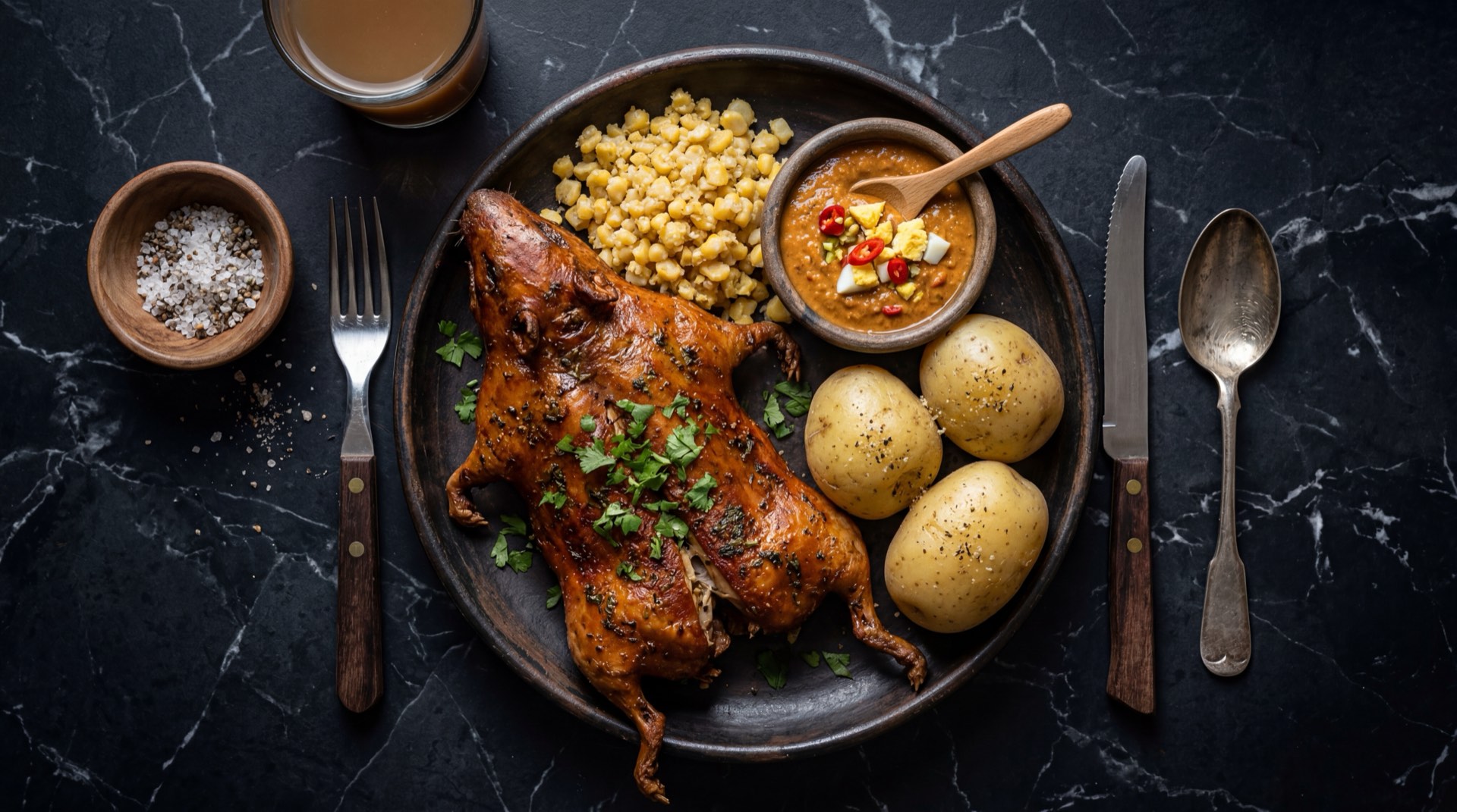 Cuy asado colombiano entero dorado y crujiente a la brasa con piel crocante sobre plato de barro de Narino