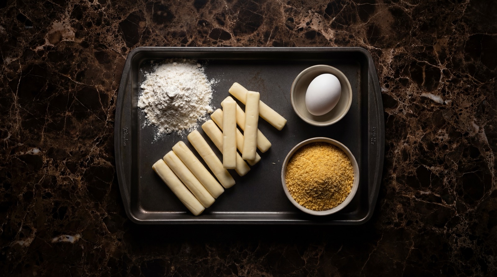 Ingredientes de los deditos de queso: queso mozzarella, harina, huevo, pan rallado y aceite