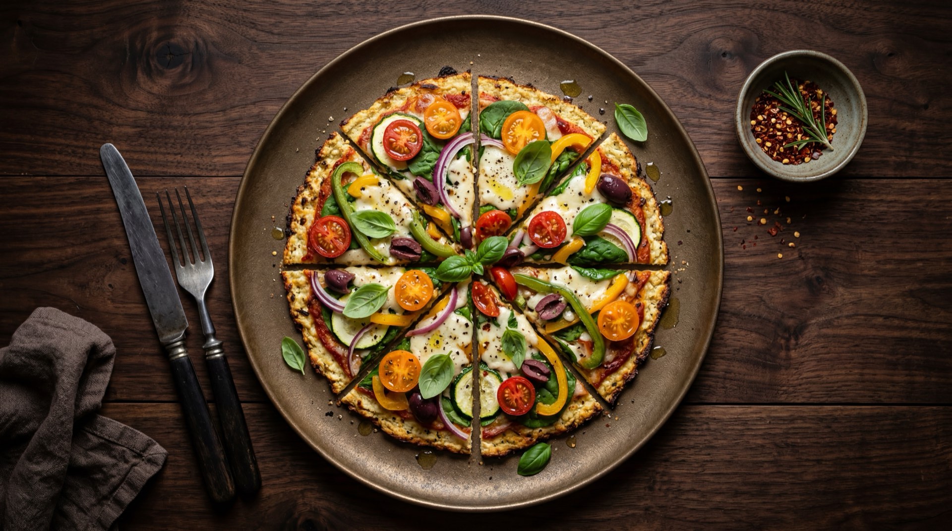 Pizza casera version saludable con masa integral delgada, queso mozzarella light, vegetales frescos y pollo a la plancha