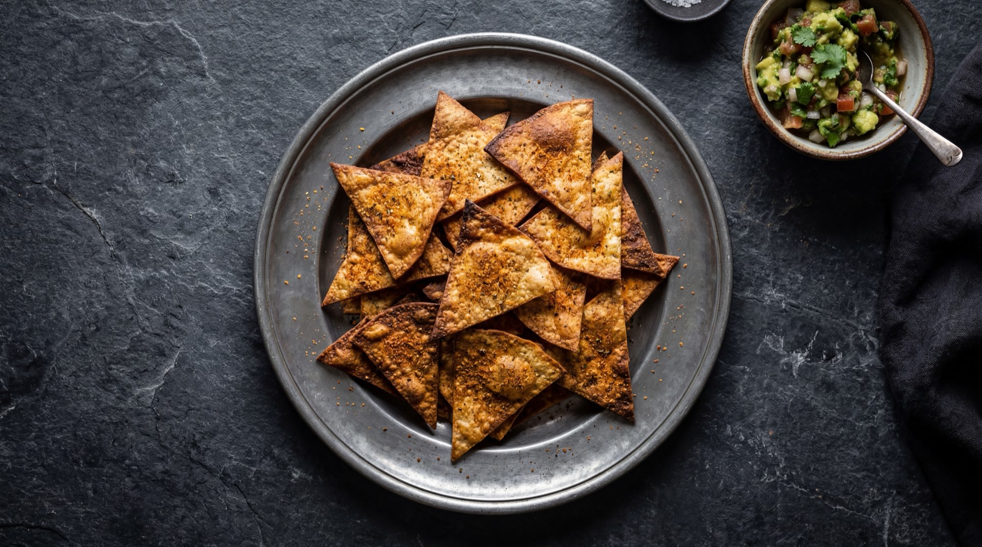 Alternativa saludable a los Doritos: tortillas de maiz horneadas caseras cortadas en triangulos con especias naturales sobre plato de ceramica oscura
