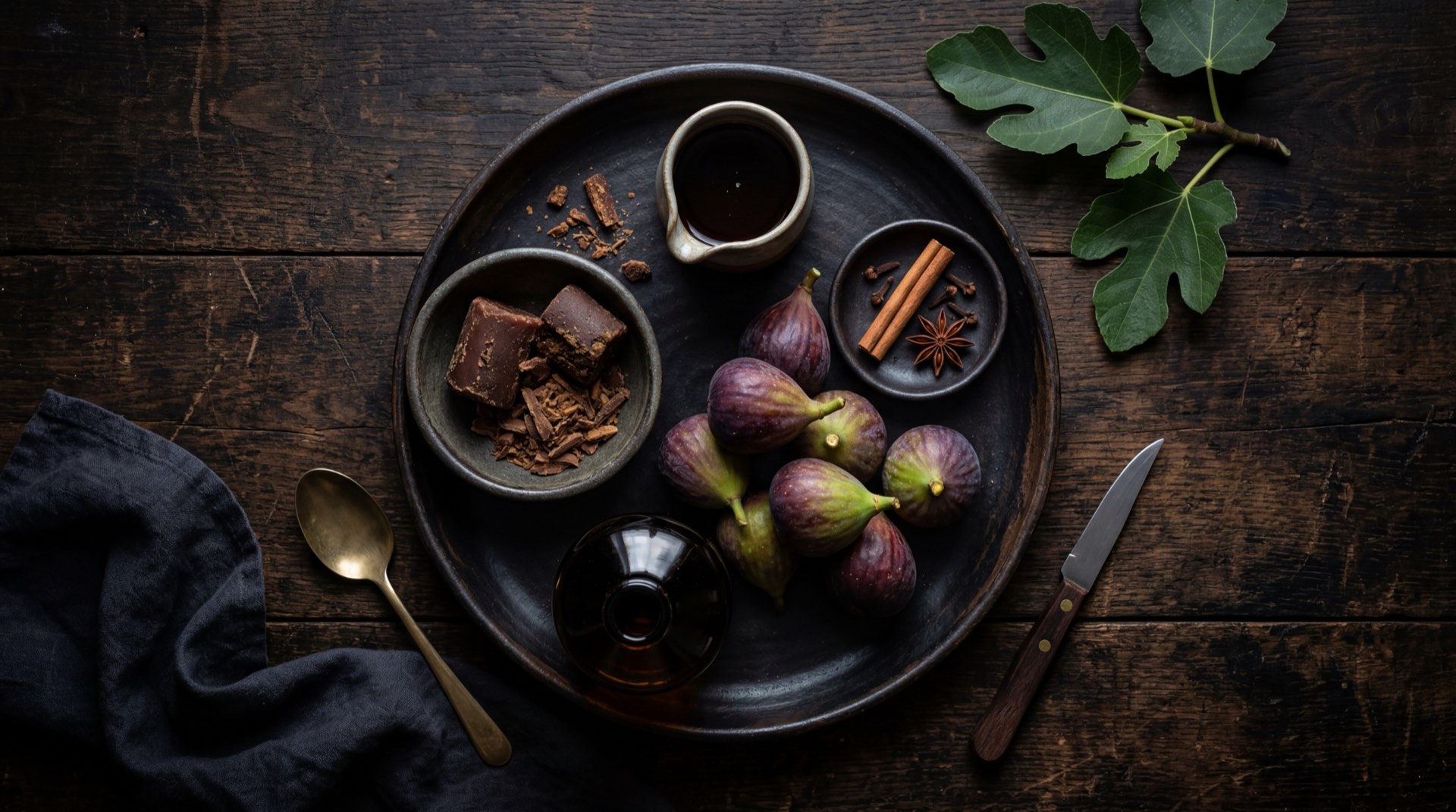 Ingredientes del dulce de brevas: higos verdes inmaduros, panela raspada, canela en rama, clavos de olor enteros y bicarbonato de sodio