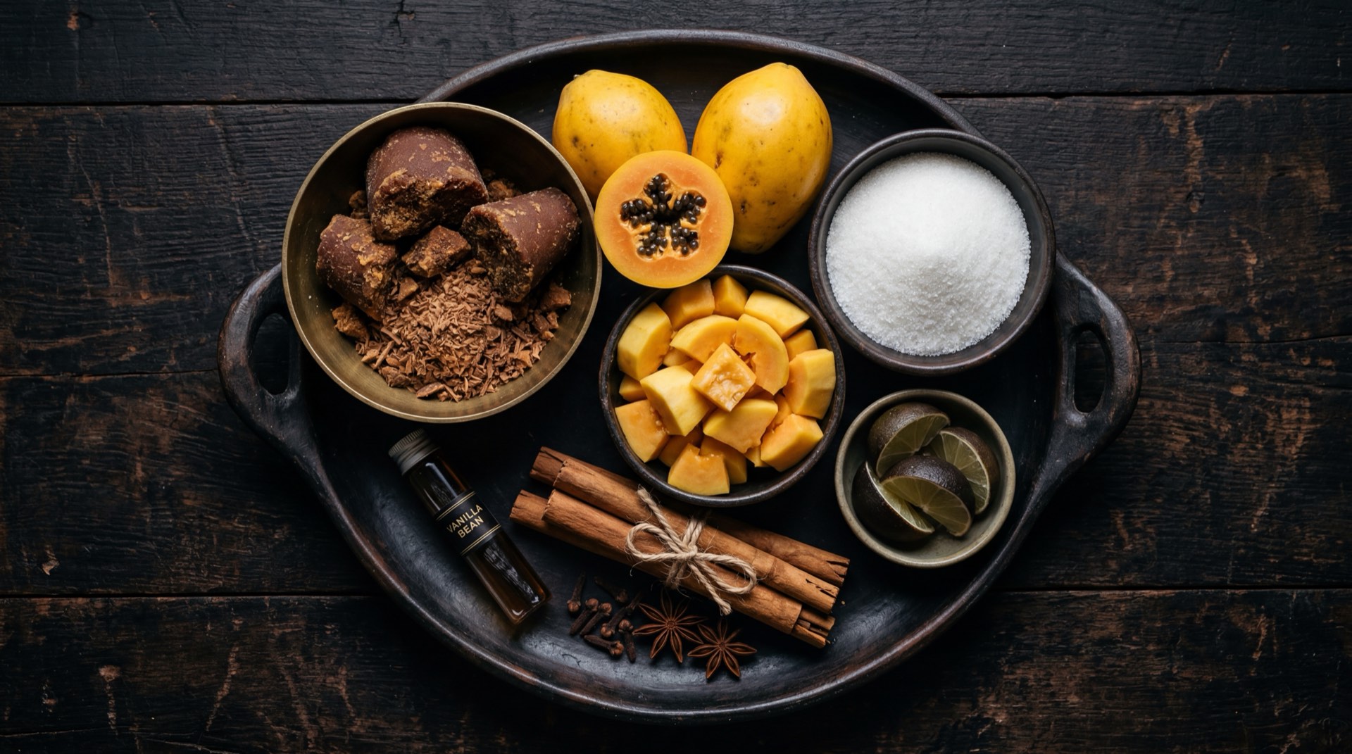 Ingredientes de los dulce de papayuela: platanos maduros de cascara negra, queso costeno en tiras, harina de trigo, huevos, leche entera y aceite vegetal