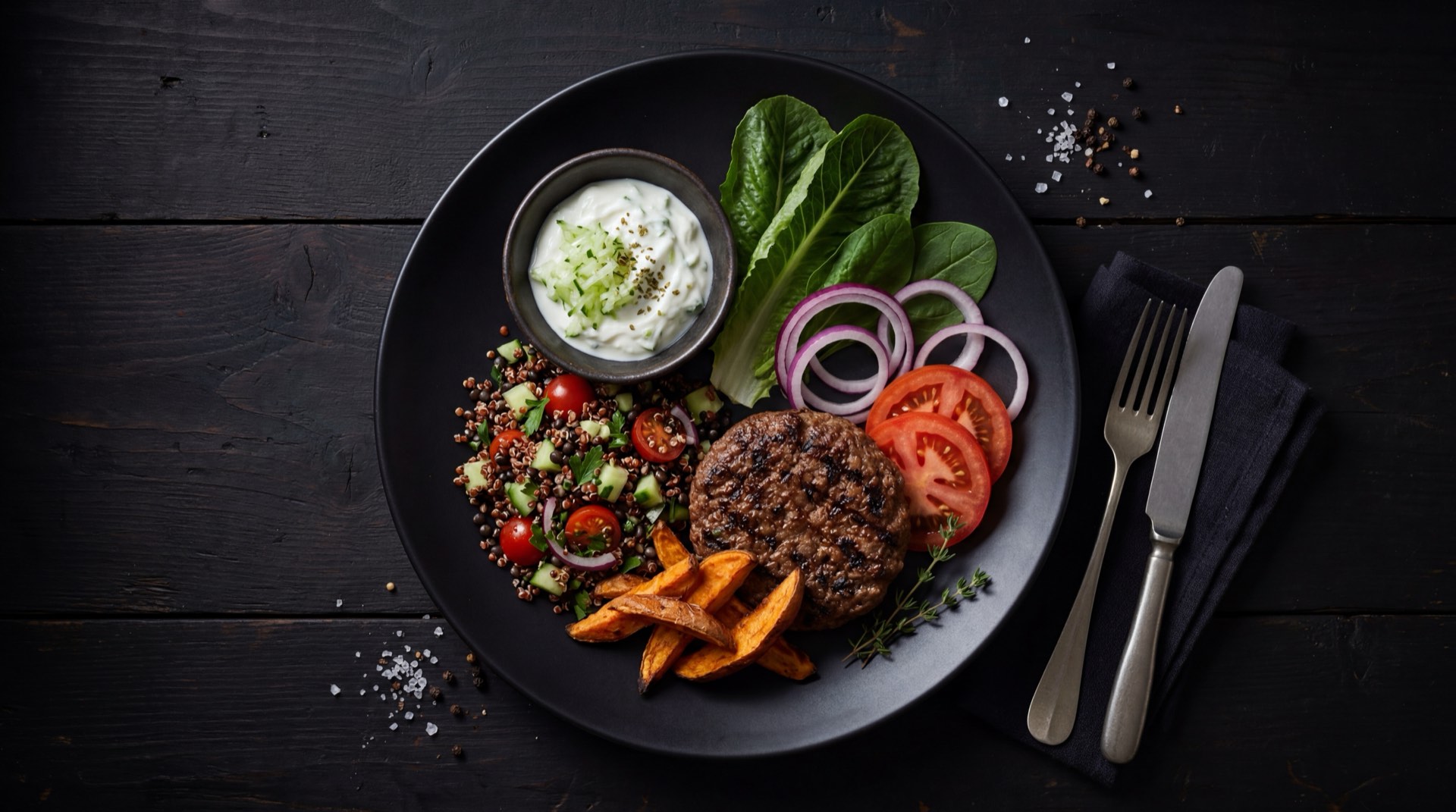 Version saludable de la Corralita de El Corral: hamburguesa sin pan con carne a la parrilla, lechuga fresca batavia, tomate rojo maduro y aguacate