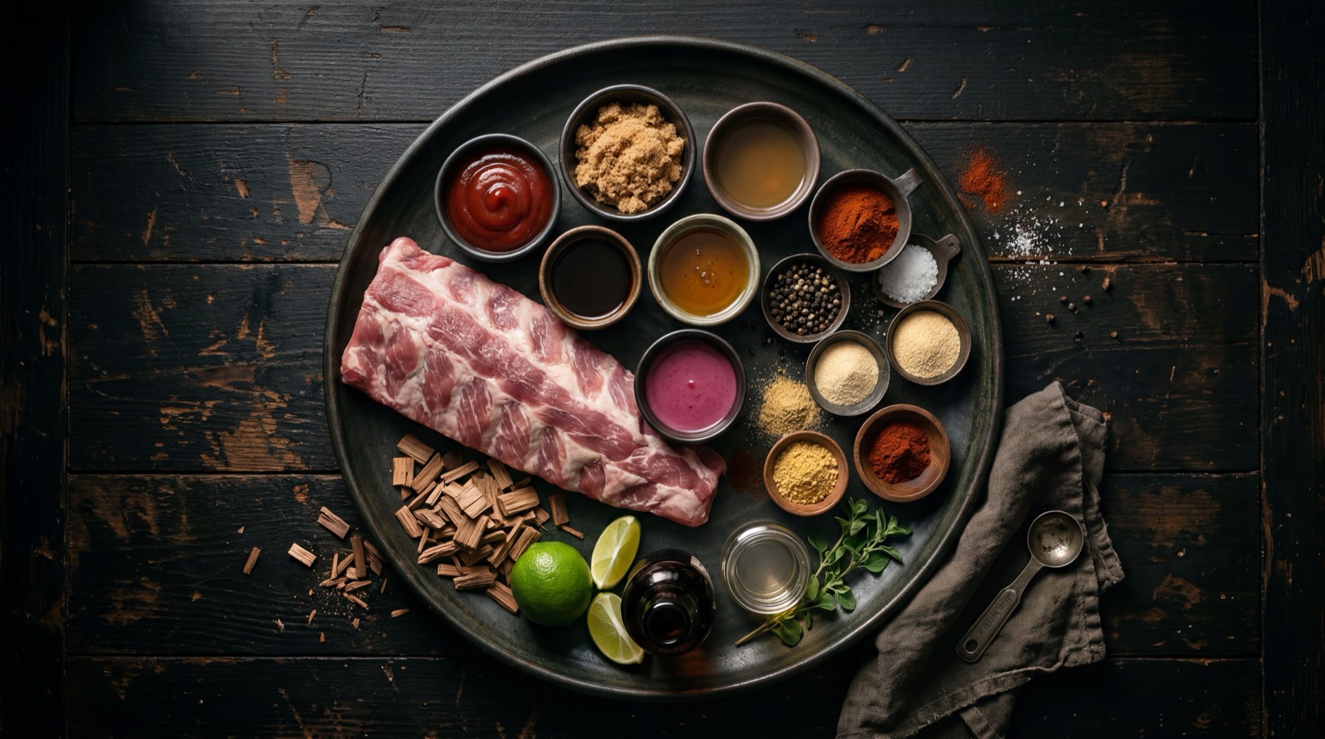 Ingredientes de las costillas BBQ: costillas de cerdo baby back, salsa BBQ ahumada espesa, miel de abejas pura, mostaza amarilla, pimenton ahumado dulce, ajo en polvo, sal gruesa y pimienta negra molida