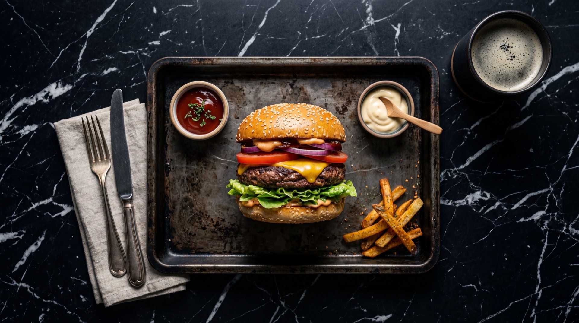 Ingredientes de la hamburguesa estilo El Corral: carne molida de res fresca, pan artesanal con ajonjoli, lechuga crespa verde, tomate rojo maduro, cebolla cabezona blanca, queso cheddar amarillo, salsa de tomate roja y mayonesa clasica
