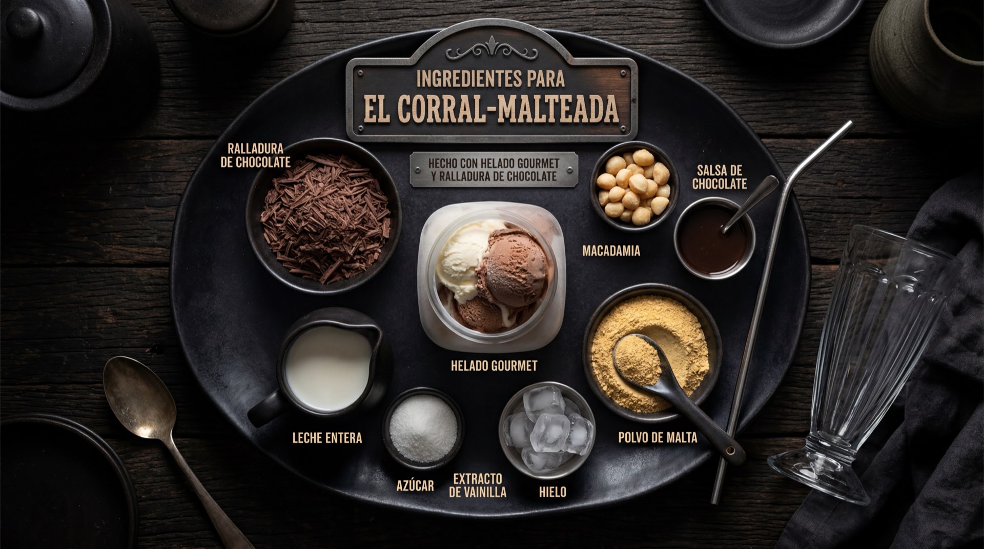 Ingredientes de la malteada de El Corral: helado de vainilla en bolas, leche entera fria, sirope de chocolate, crema batida y cereza marrasquino