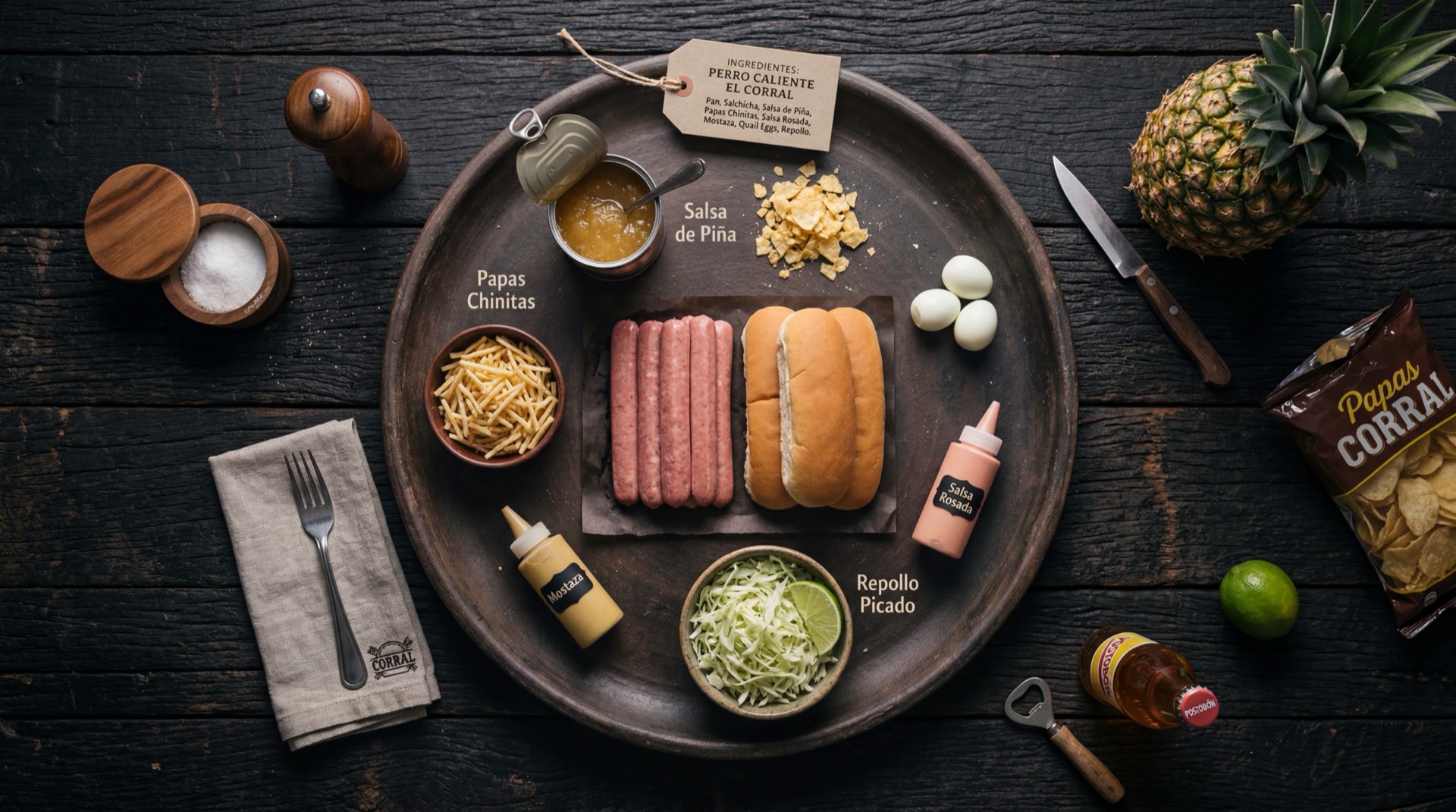 Ingredientes del perro caliente de El Corral: salchicha de res premium, pan suave, salsa rosada, mostaza amarilla, ketchup, cebolla picada, papas fritas crujientes y queso amarillo