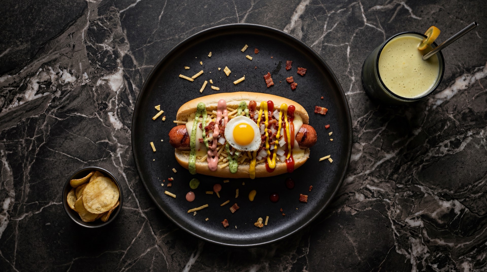 Perro caliente de El Corral con salchicha de res premium, salsas rosada, mostaza amarilla, ketchup, cebolla picada, papas fritas crujientes y queso amarillo derretido