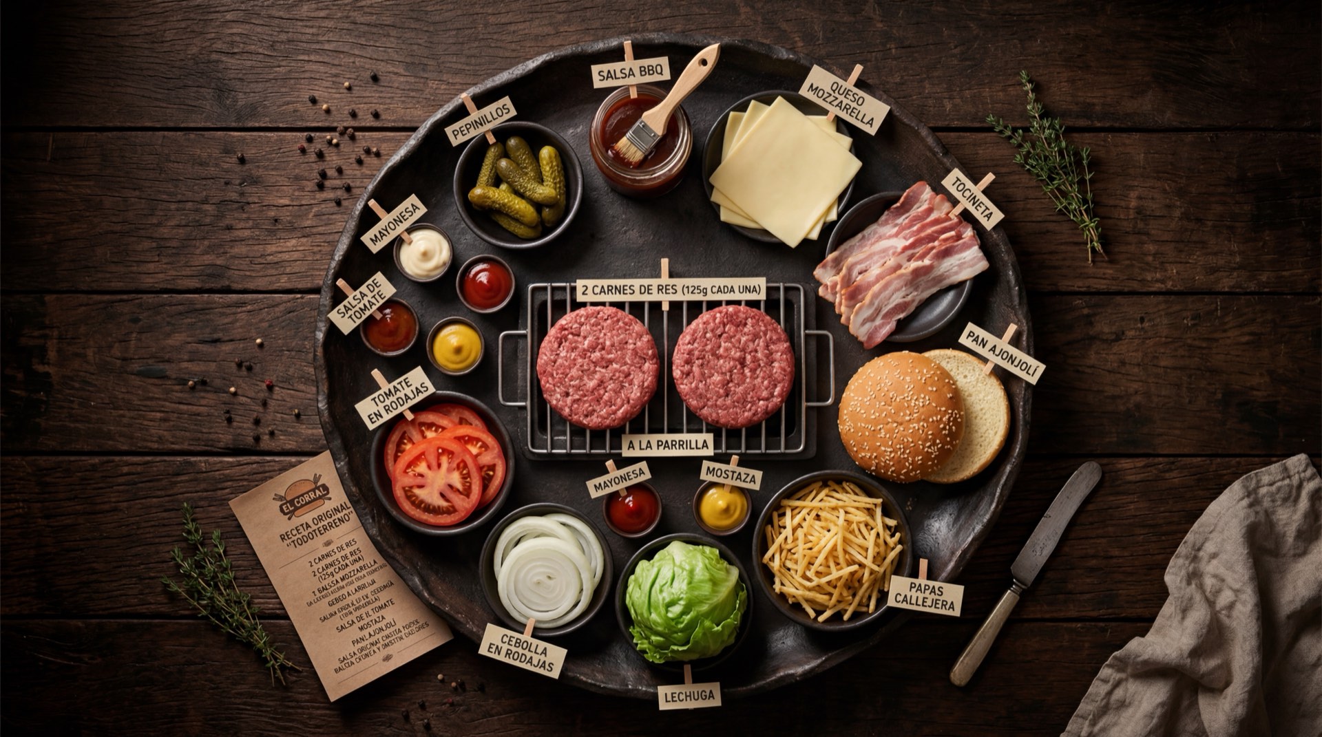 Ingredientes de la Todoterreno de El Corral: carne molida de res, pan grande con ajonjoli, queso cheddar amarillo, tocineta ahumada, huevo fresco, lechuga fresca batavia, tomate rojo maduro, cebolla blanca caramelizada, salsa rosada, salsa BBQ ahumada y ketchup