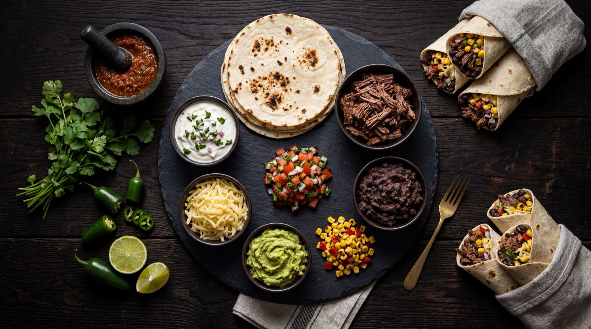 Ingredientes del wrap de pollo: pechuga de pollo fresca deshuesada, tortilla de harina de trigo grande, lechuga fresca batavia, tomate rojo maduro, cebolla morada fresca y salsa ranch