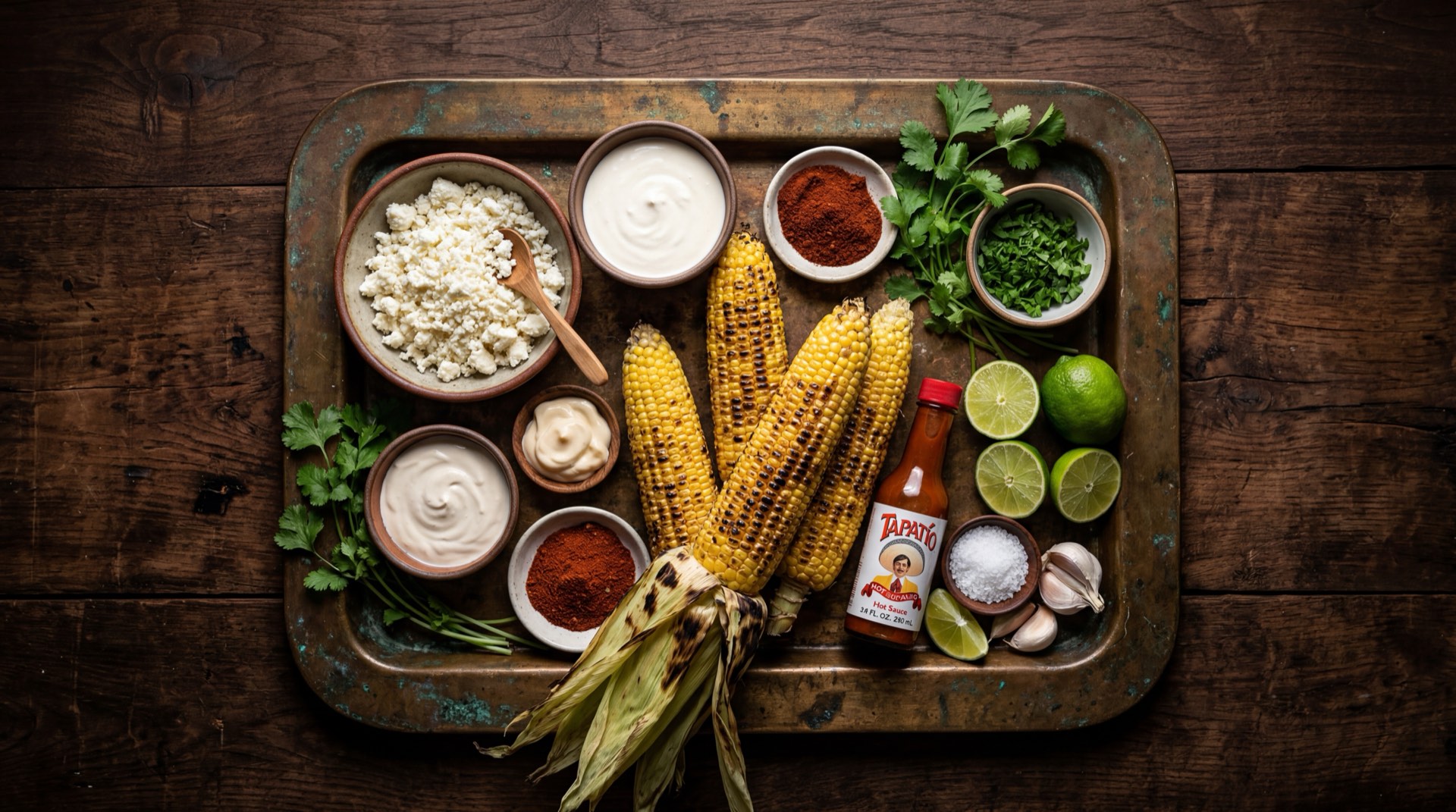 Ingredientes del elote mexicano preparado: mazorca de maiz fresca entera, mayonesa entera mexicana, queso cotija rallado finamente, chile en polvo rojo tipo Tajin, limones verdes mexicanos y sal gruesa de mar