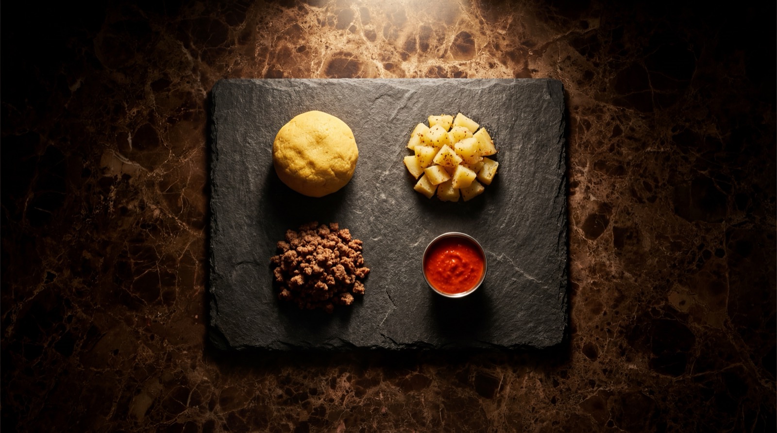 Ingredientes de la empanada colombiana: masa de maiz amarillo, carne molida, papa, cebolla y especias