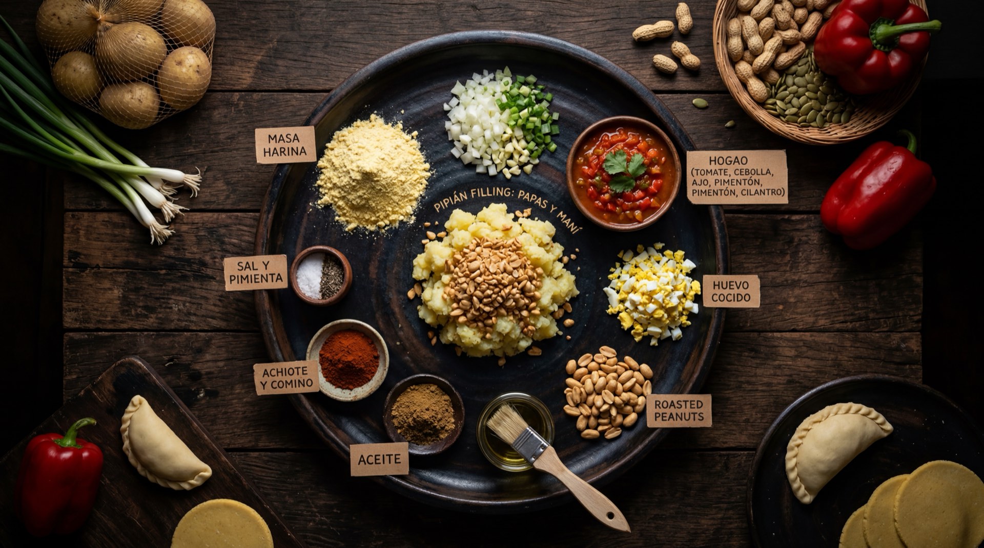 Ingredientes de la empanada de pipian: harina de maiz blanco precocida, papa criolla cocida, mani tostado molido, tomate rojo maduro, cebolla larga fresca, achiote en polvo