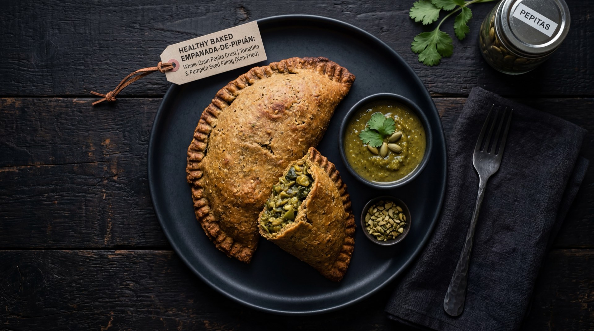 Empanada de pipian horneada con menos aceite y acompanada de ensalada fresca