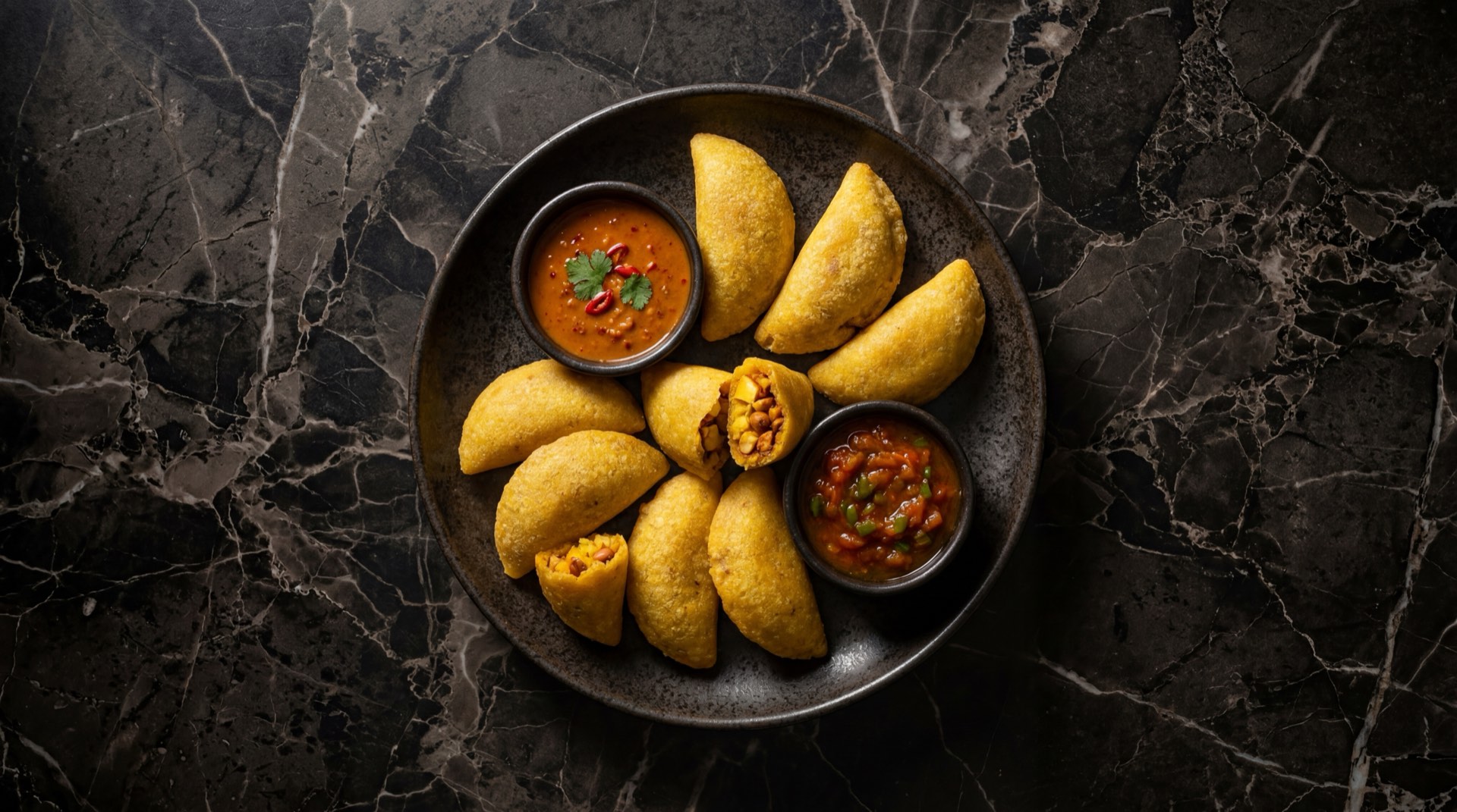 Empanada de pipian dorada y crujiente de Popayan con relleno de papa criolla y mani tostado