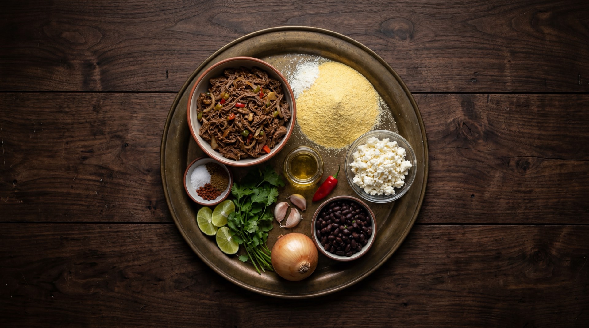 Ingredientes de la empanada venezolana: harina de maiz precocida amarilla, carne molida de res cruda, queso blanco semiduro rallado, cebolla blanca mediana, dientes de ajo fresco, ajies dulces venezolanos, sal fina y aceite vegetal para freir