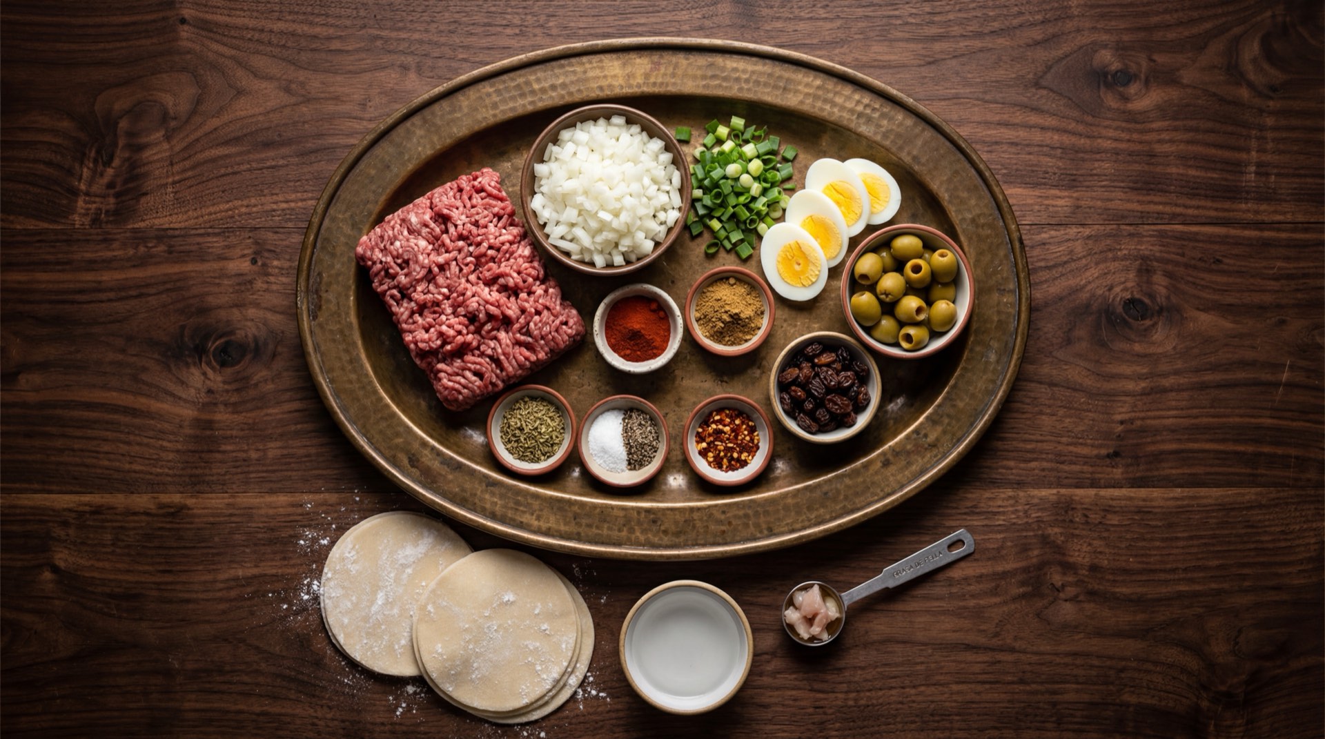 Ingredientes de las empanadas argentinas: carne de res magra cortada a cuchillo, cebollas blancas grandes, huevos duros frescos, aceitunas verdes descarozadas, comino molido, pimenton dulce ahumado, aji molido picante y tapas de empanada para horno