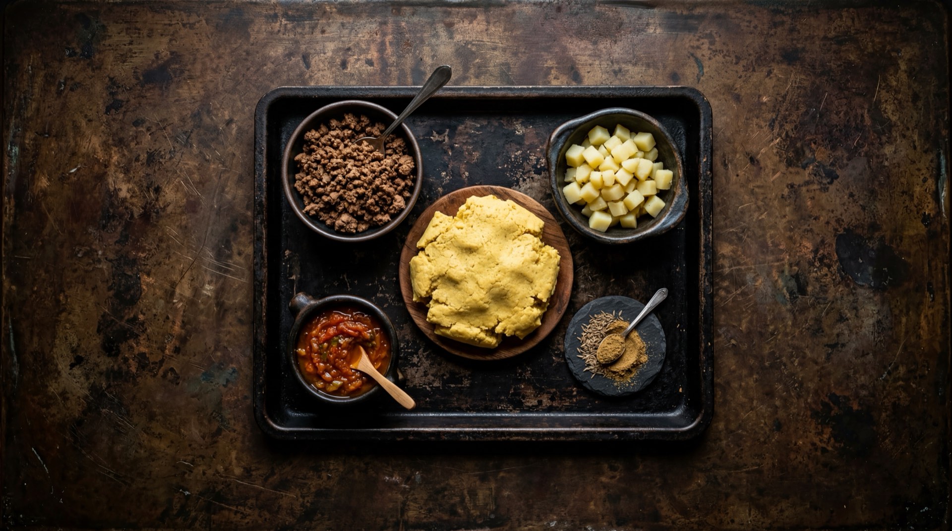 Ingredientes de las empanadas Dona Chepa: masa de maiz precocido amarillo, carne de res molida con hogao, pollo desmenuzado con verduras picadas y jamon con trozos de pina