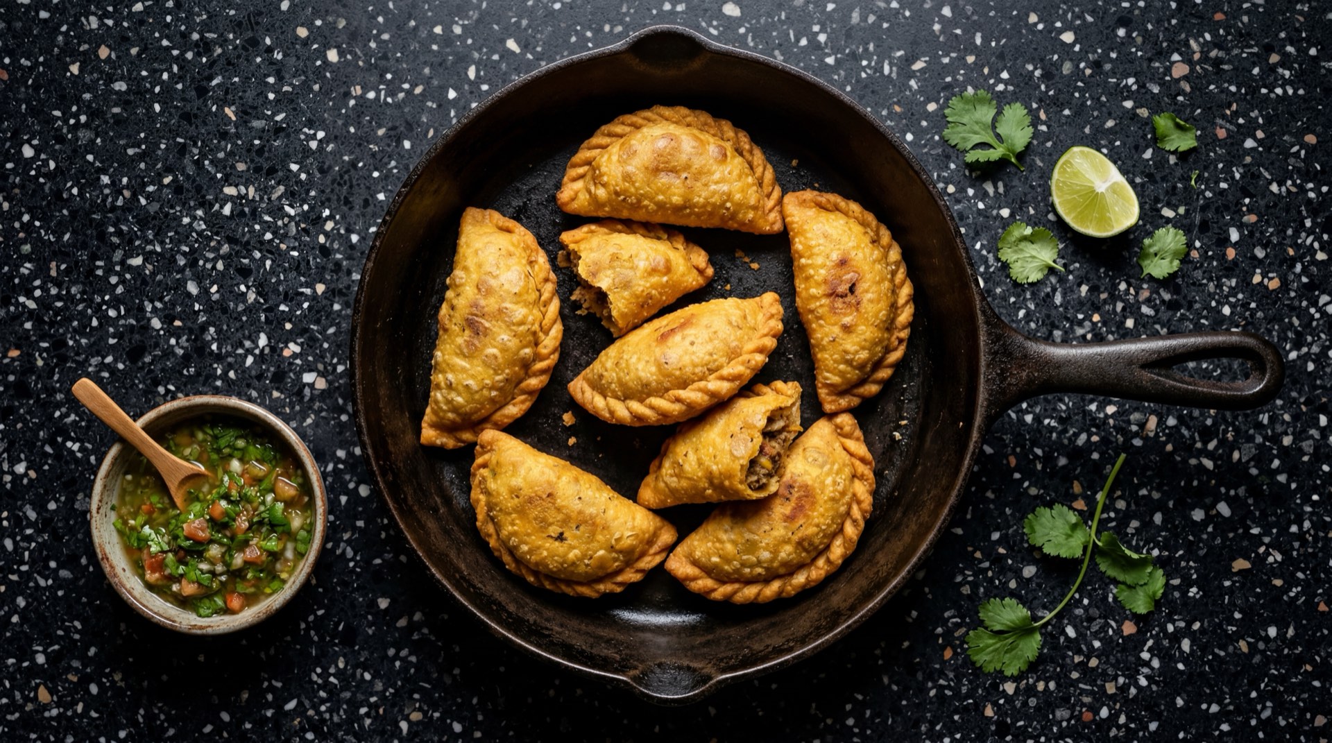 Empanadas Dona Chepa congeladas doradas y crujientes recien fritas sobre plato de ceramica oscuro en mesa de marmol negro