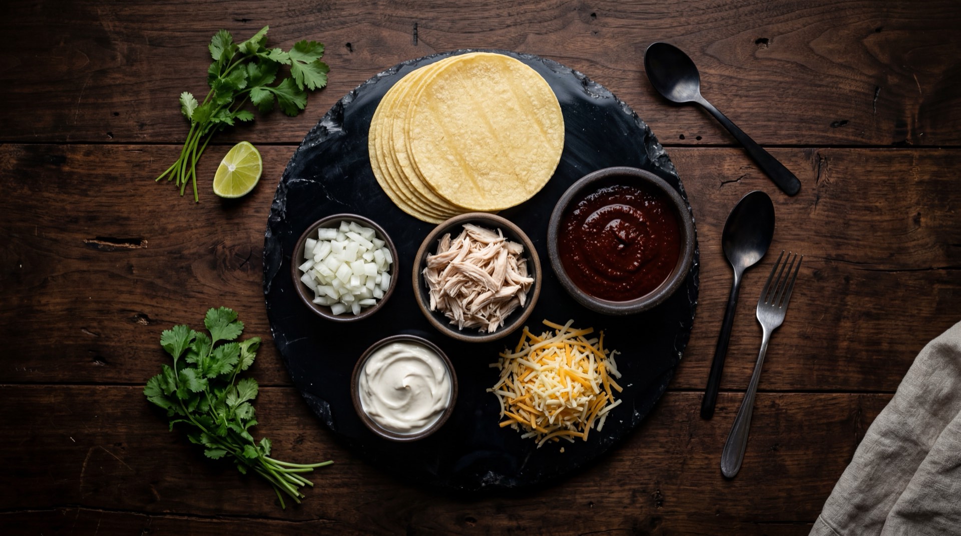 Ingredientes de las enchiladas mexicanas: tortillas de maiz, pechuga de pollo deshebrada, chiles guajillo secos, chiles ancho secos, tomates rojos maduros asados, queso fresco mexicano desmenuzado, crema agria mexicana y cebolla blanca
