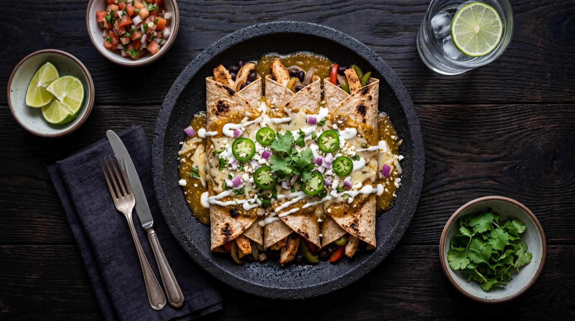 Enchiladas mexicanas version saludable con salsa verde sin crema agria y tortillas de maiz sin freir