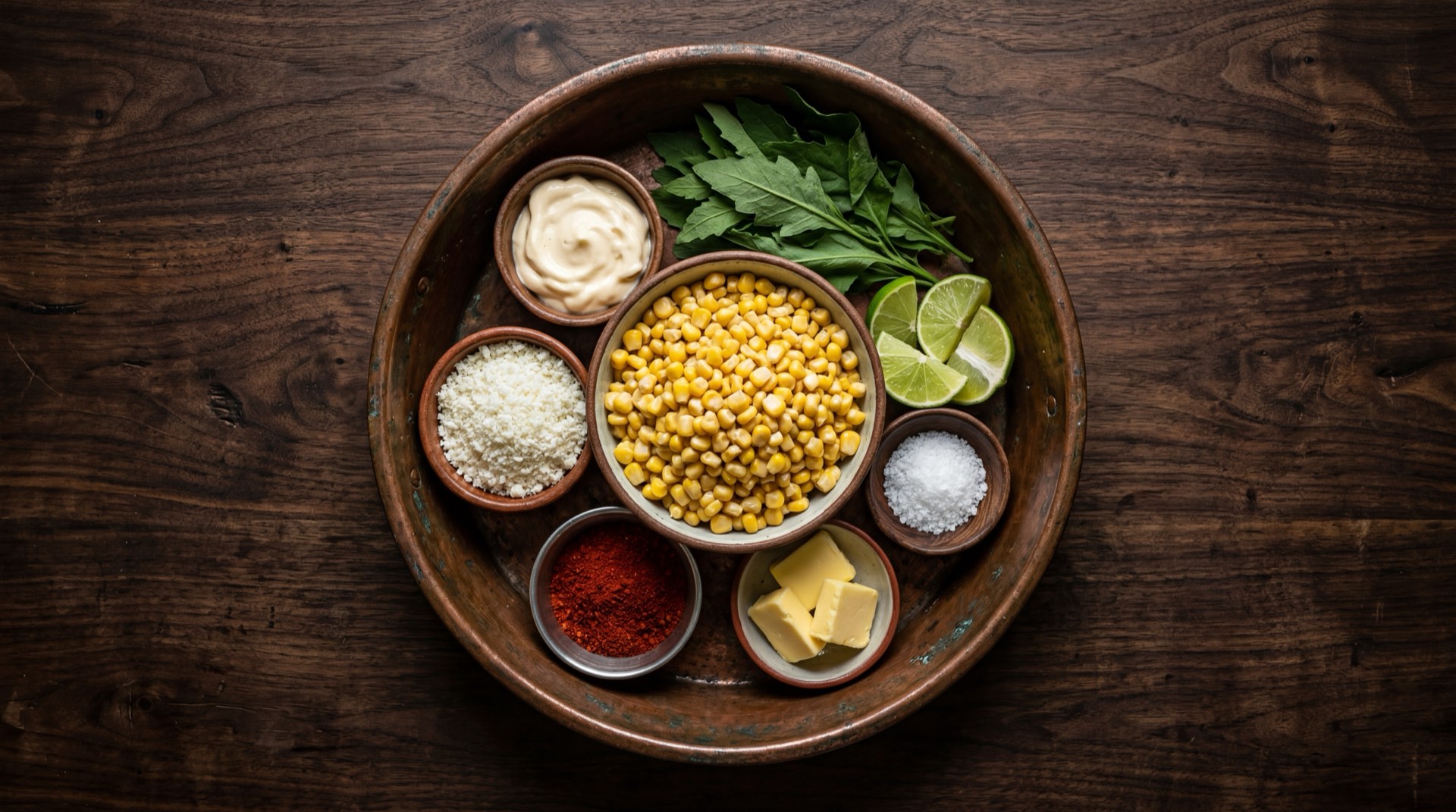 Ingredientes para esquites mexicanos: granos de maiz frescos desgranados, epazote fresco en ramas, mayonesa entera mexicana, queso cotija rallado finamente, chile en polvo rojo tipo Tajin, limones verdes mexicanos, chile serrano fresco verde y cebolla blanca
