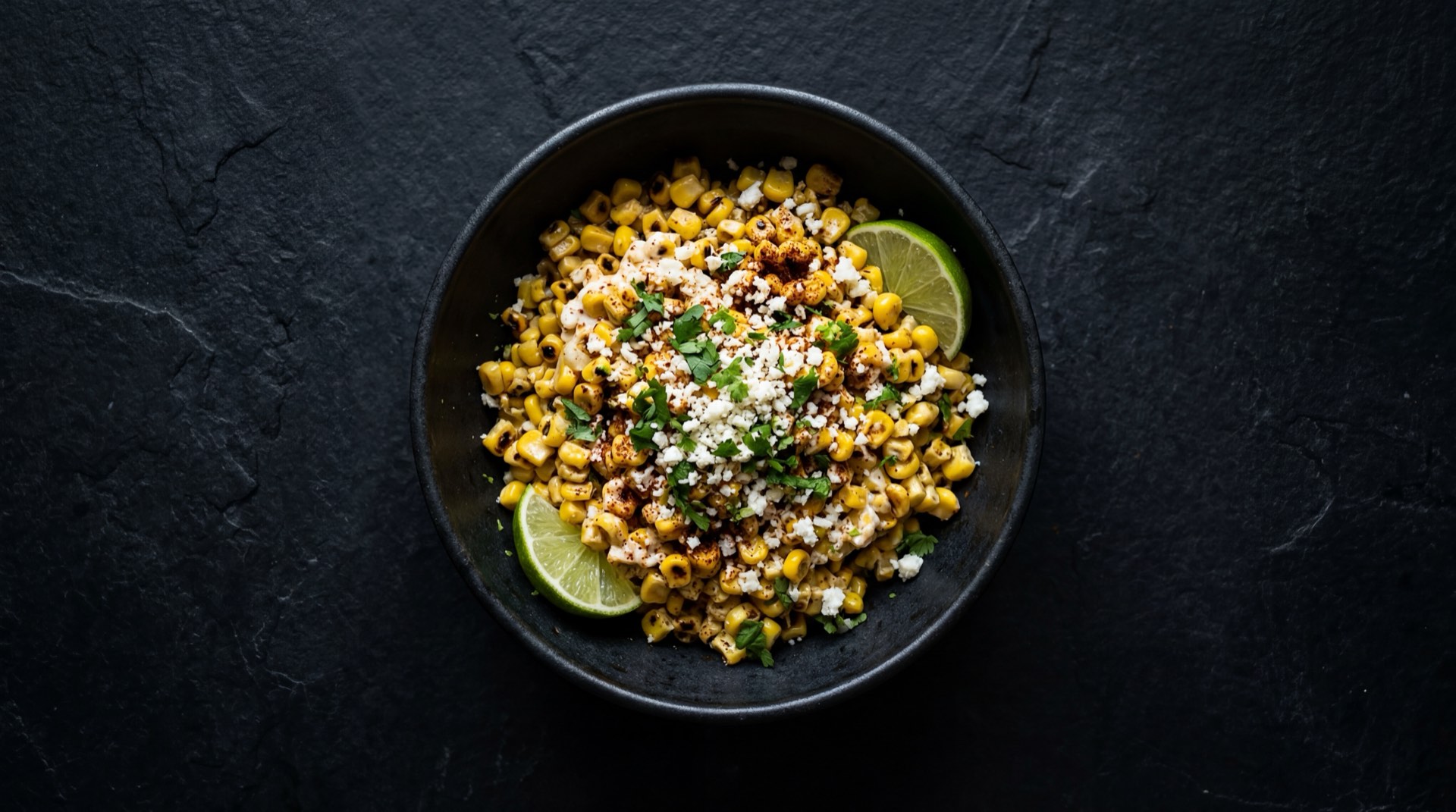 Esquites mexicanos version saludable sin mayonesa, con abundante limon verde, chile en polvo rojo y queso cotija rallado finamente