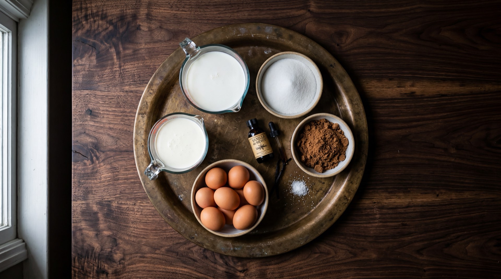 Ingredientes del flan mexicano napolitano: lata de leche condensada entera endulzada, lata de leche evaporada entera, huevos frescos grandes, extracto puro de vainilla natural, azucar blanca refinada para caramelo