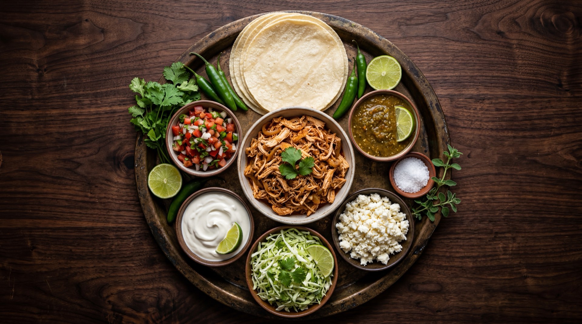 Ingredientes de las flautas mexicanas: tortillas de maiz frescas, pechugas de pollo cocidas deshebradas, aceite vegetal para freir, lechuga iceberg picada, crema acida mexicana, queso fresco desmoronado, salsa verde cruda de tomatillo y aguacate maduro