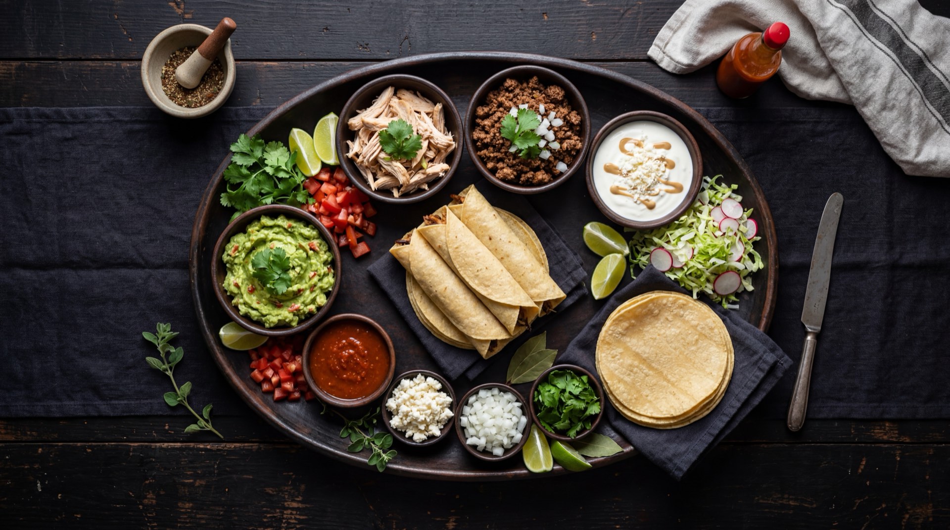 Ingredientes para flautas mexicanas: tortillas de maiz frescas, pechuga de pollo desmenuzada, cebolla blanca finamente picada, ajo fresco, crema agria mexicana, queso fresco desmoronado, lechuga iceberg y salsa verde de tomatillo