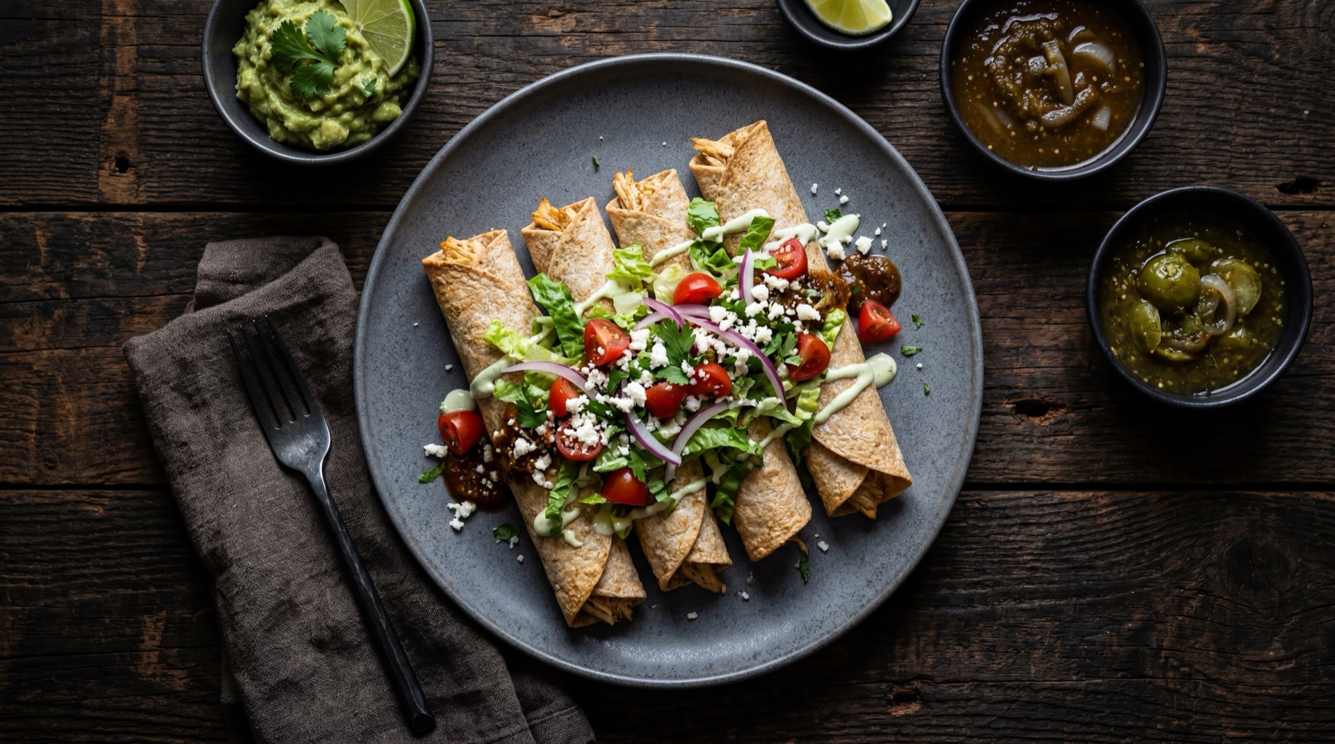 Flautas mexicanas al horno version saludable con pollo desmenuzado, lechuga iceberg abundante y poca crema agria sobre plato de ceramica oscuro