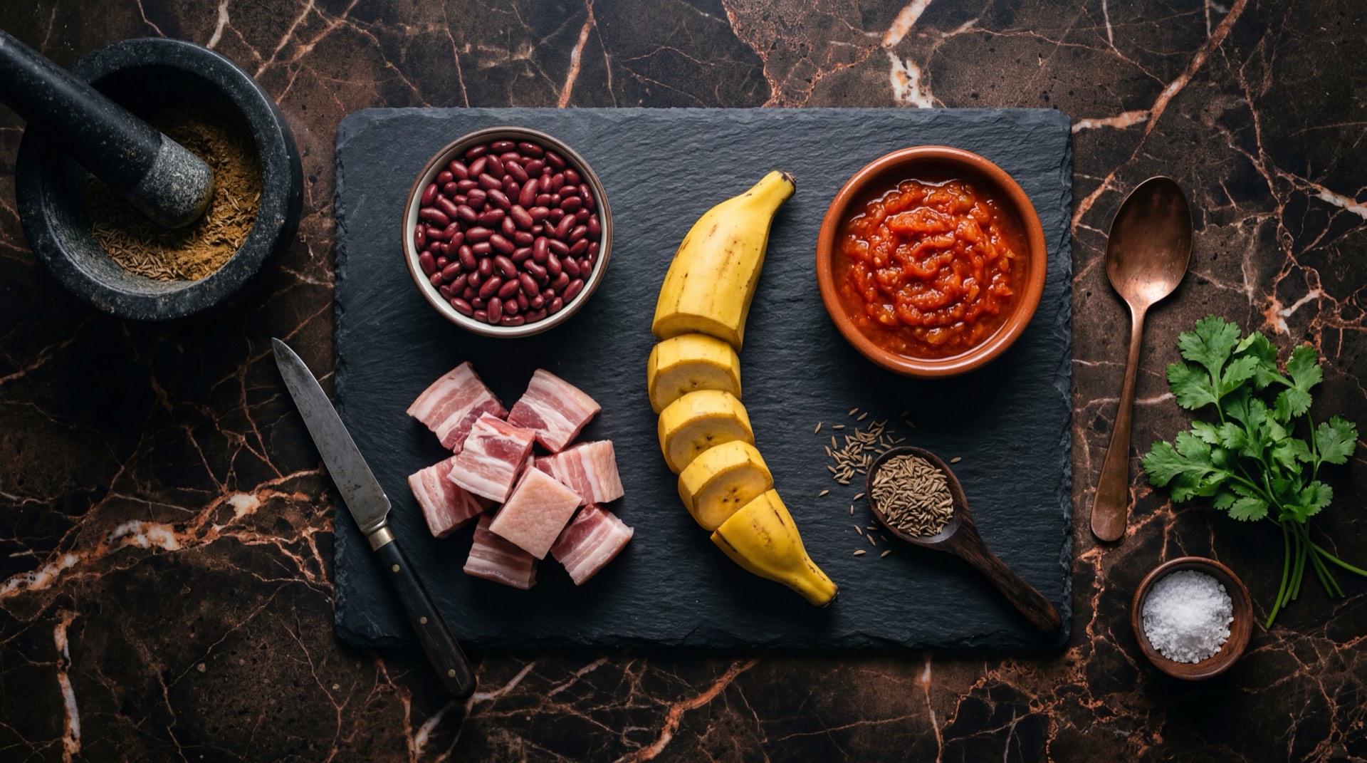 Ingredientes para frijoles colombianos antioquenos: frijol cargamanto rosado seco, platano maduro grande, zanahoria grande pelada, cebolla larga fresca, tomate rojo maduro, ajo fresco, comino molido y achiote en polvo