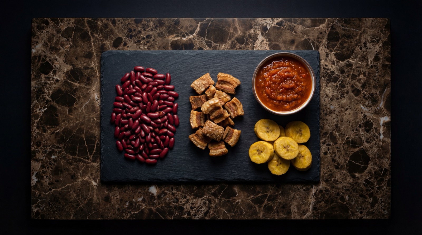 Ingredientes de los frijoles antioquenos: frijol cargamanto, platano verde, zanahoria, cebolla, tomate y chicharron