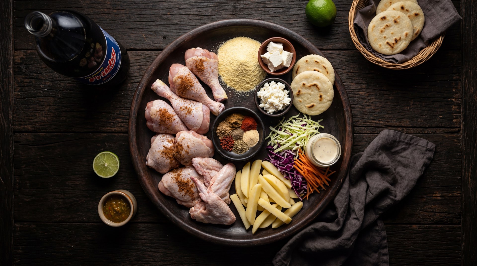 Componentes del combo Frisby: piezas de pollo crudo marinado, harina de trigo con especias paprika y ajo, aceite vegetal, papas frescas cortadas y gaseosa