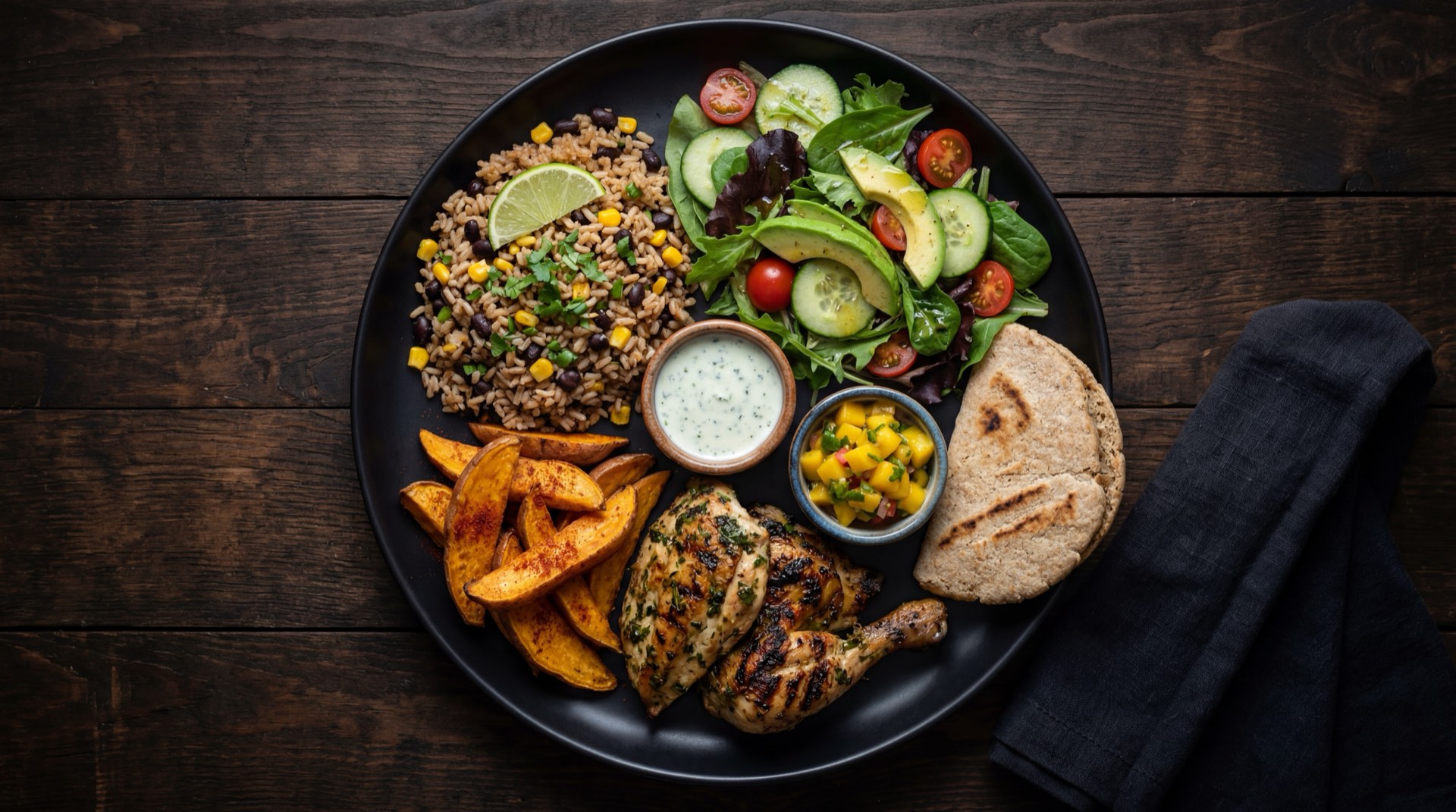 Combo de pollo estilo Frisby version saludable: pollo al horno con especias, ensalada fresca y limonada natural sin azucar