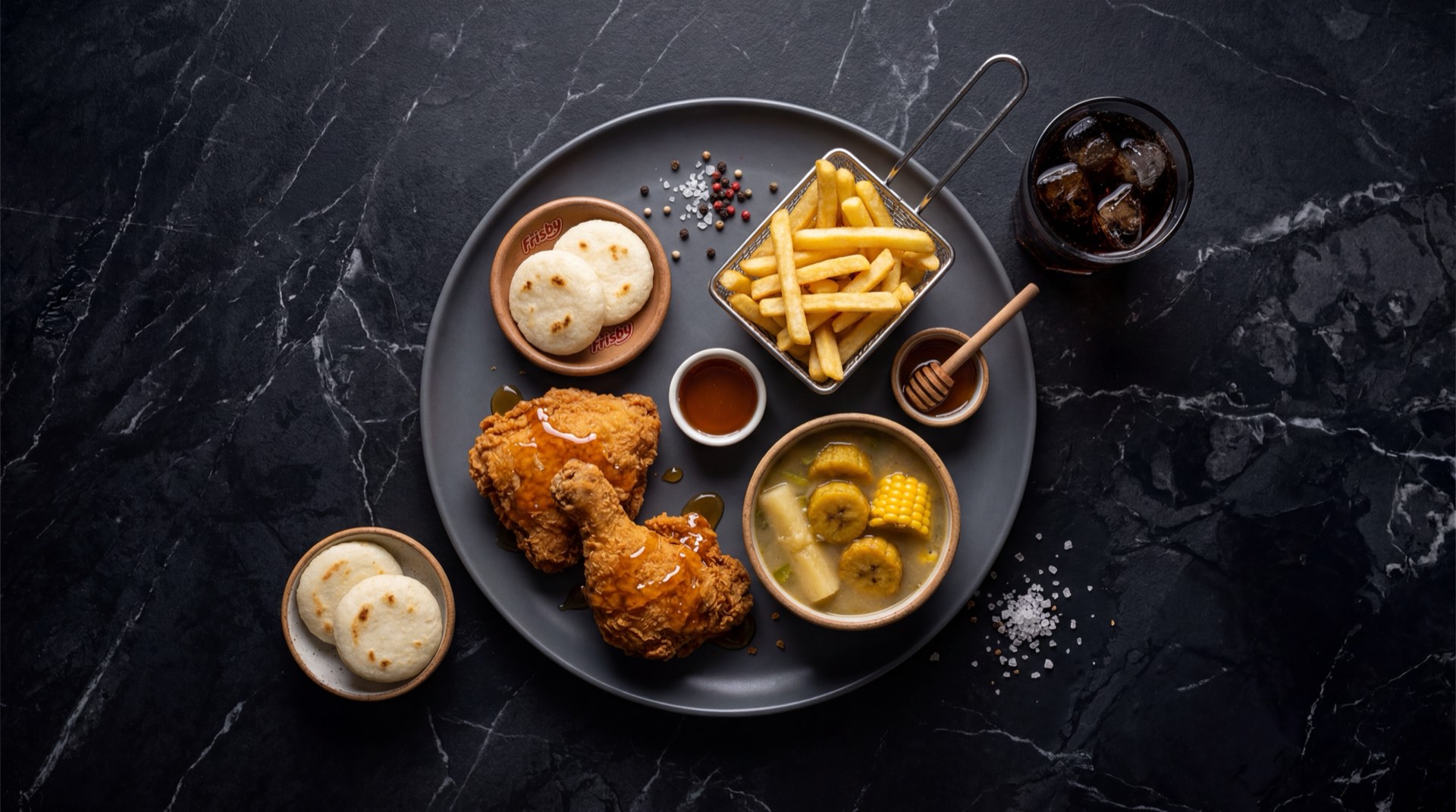 Combo personal de Frisby con 2 piezas de pollo frito crujiente apanado, papas fritas doradas y gaseosa bien fria