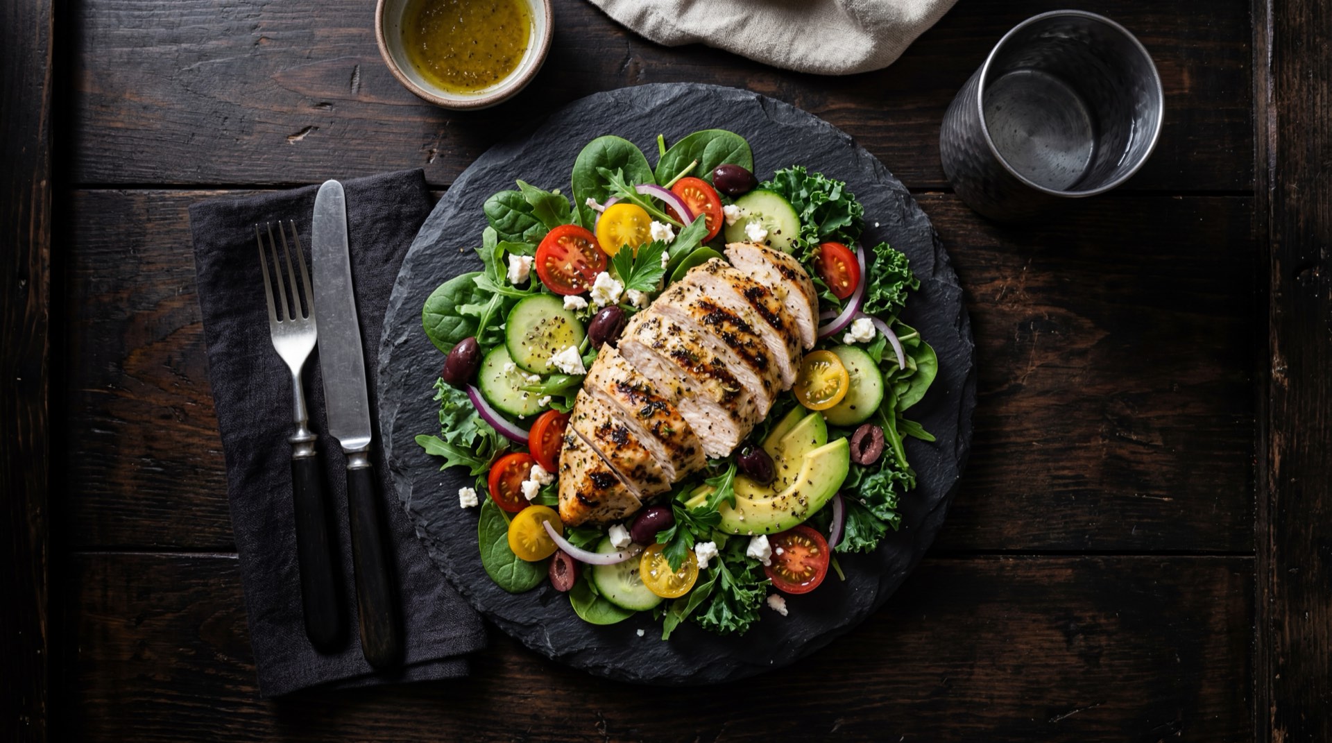 Pollo a la plancha estilo saludable sin apanado con especias sobre plato oscuro, version baja en calorias del pollo Frisby