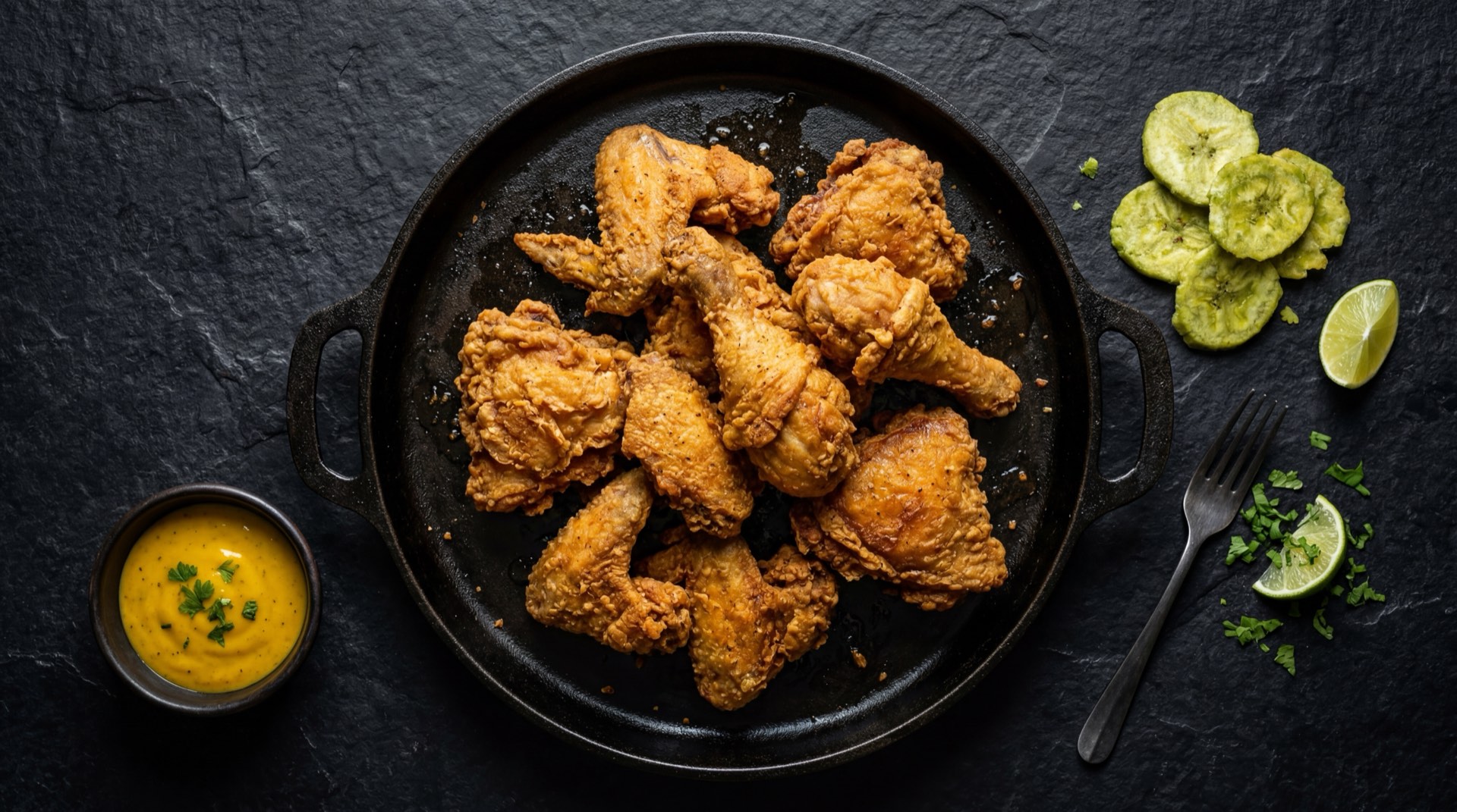 Pollo frito estilo Frisby colombiano dorado y crujiente con apanado especiado en plato oscuro sobre mesa de marmol negro