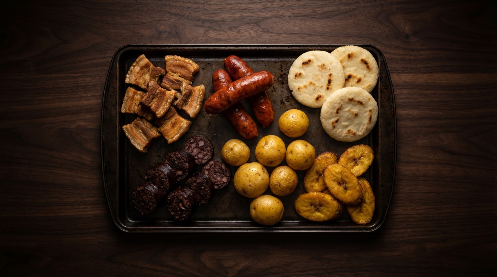 Componentes de la fritanga: chicharron, chorizo, morcilla, papa criolla y platano