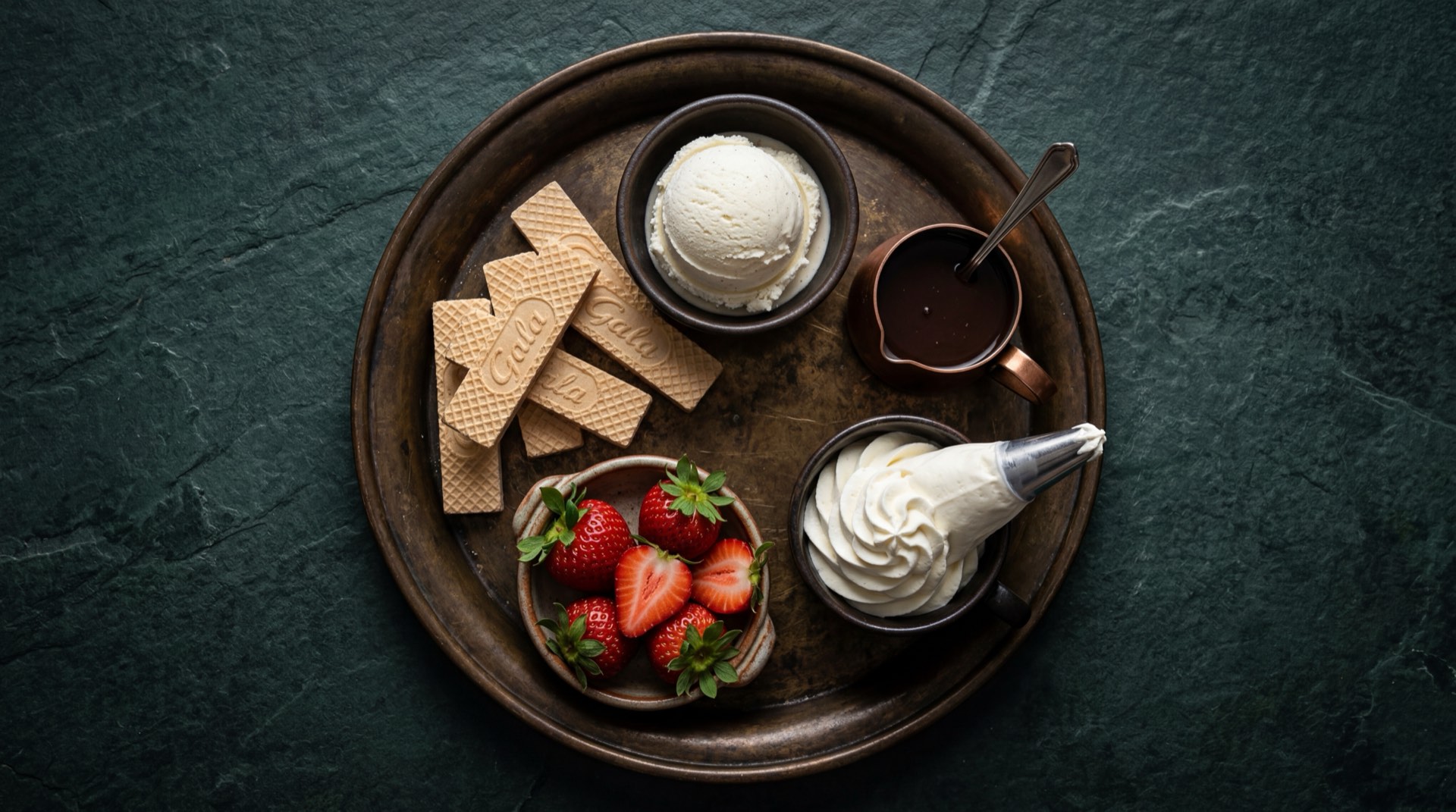Gala de Ramo abierta mostrando las capas de wafer crujiente de harina de trigo y la crema de vainilla entre cada capa, con harina de trigo, azucar refinada y aceite vegetal al lado